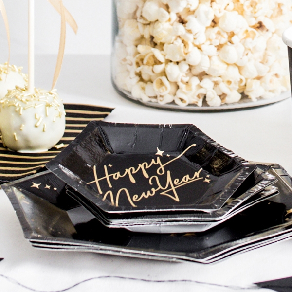 Happy New Year - 6 Mini Pappteller Schwarz & Gold Happy New Year - 6 Mini Pappteller Schwarz & Gold