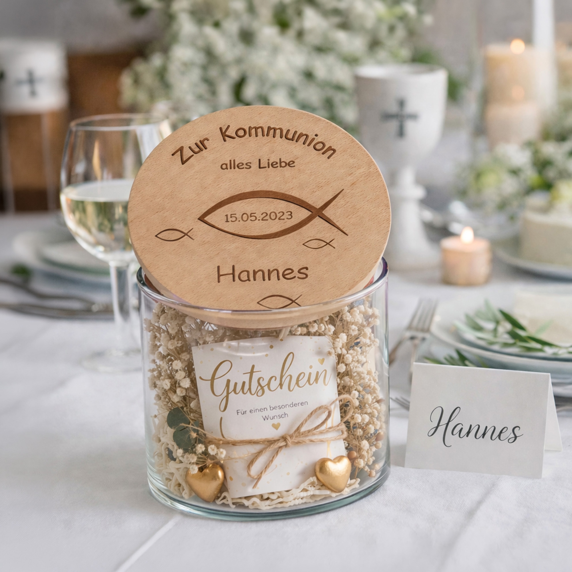 Gutschein, Hochzeitsgeschenk, Glasbehälter, Holzdeckel, Herzanhänger