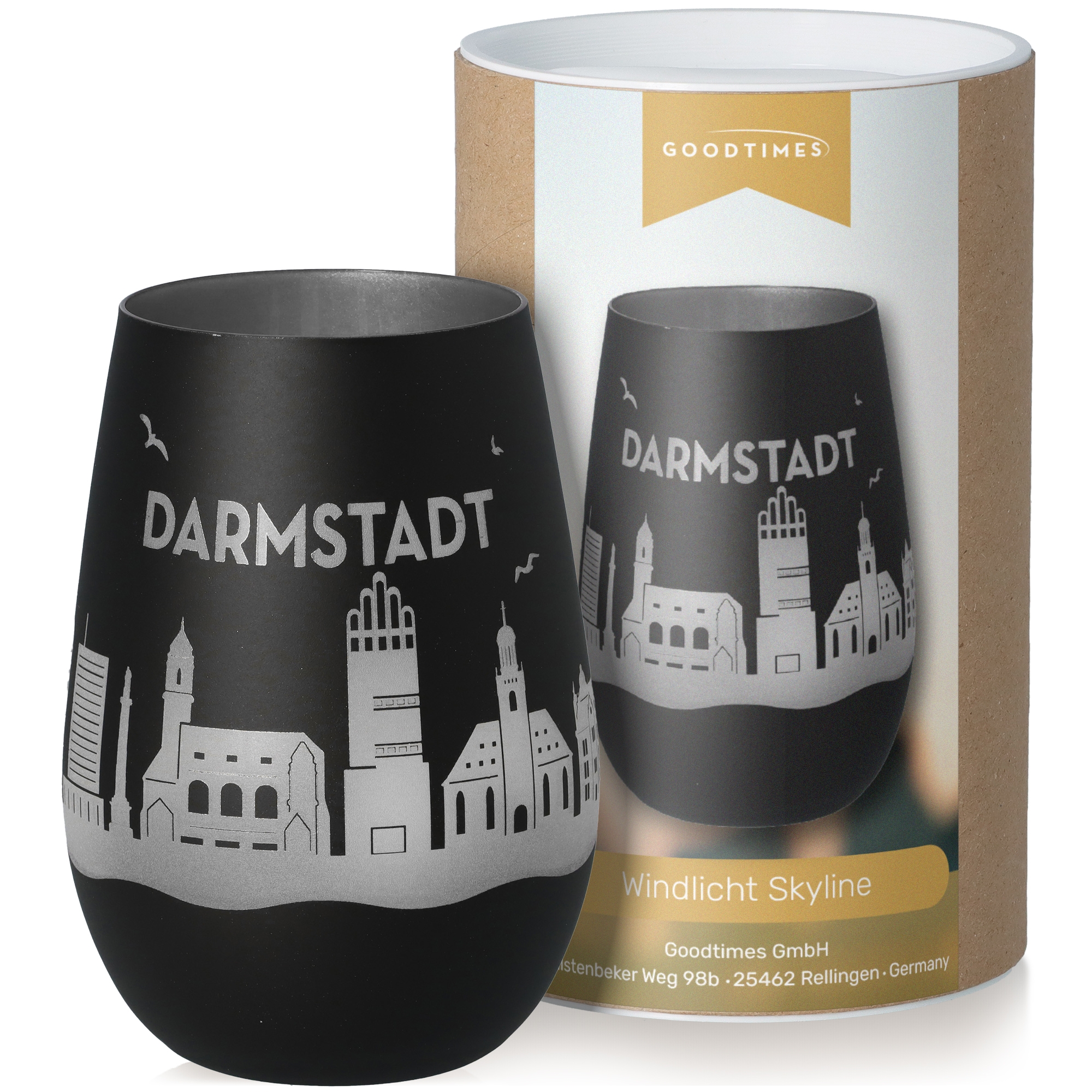 Windlicht Skyline Darmstadt Schwarz/Silber Lampe