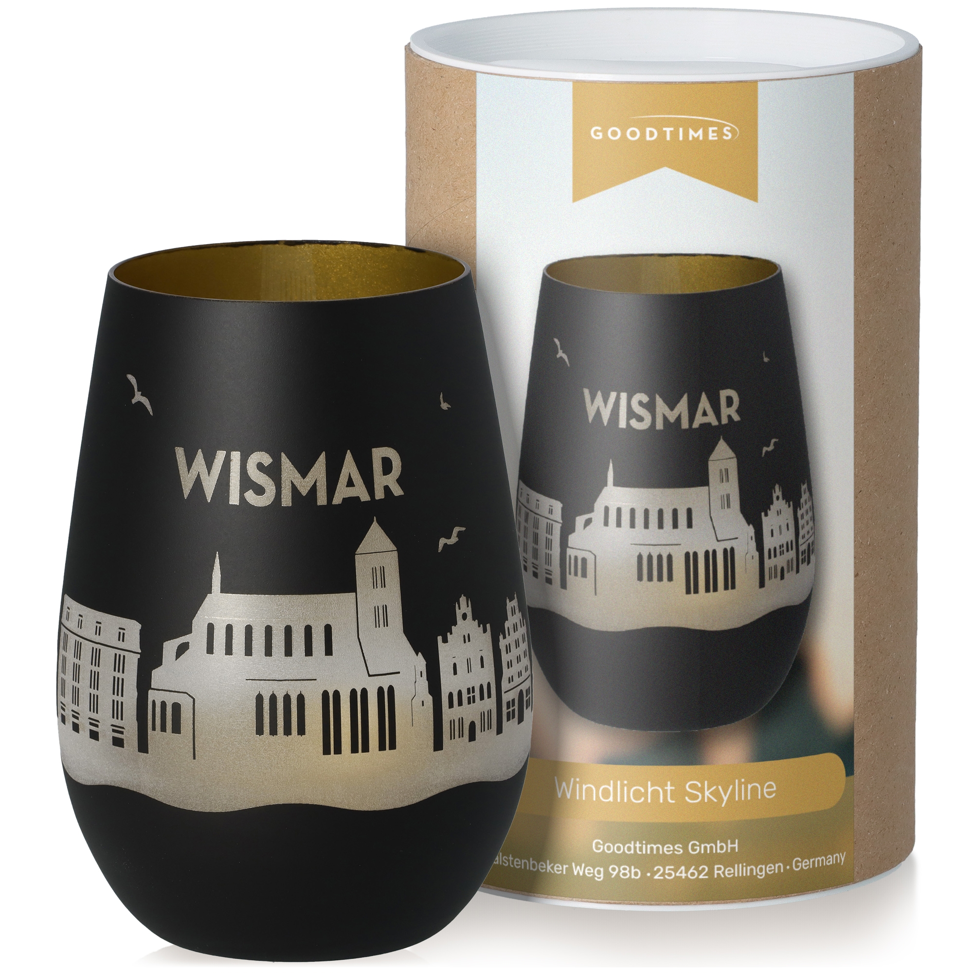 Windlicht Skyline Wismar Schwarz/Gold Krug, Töpferei
