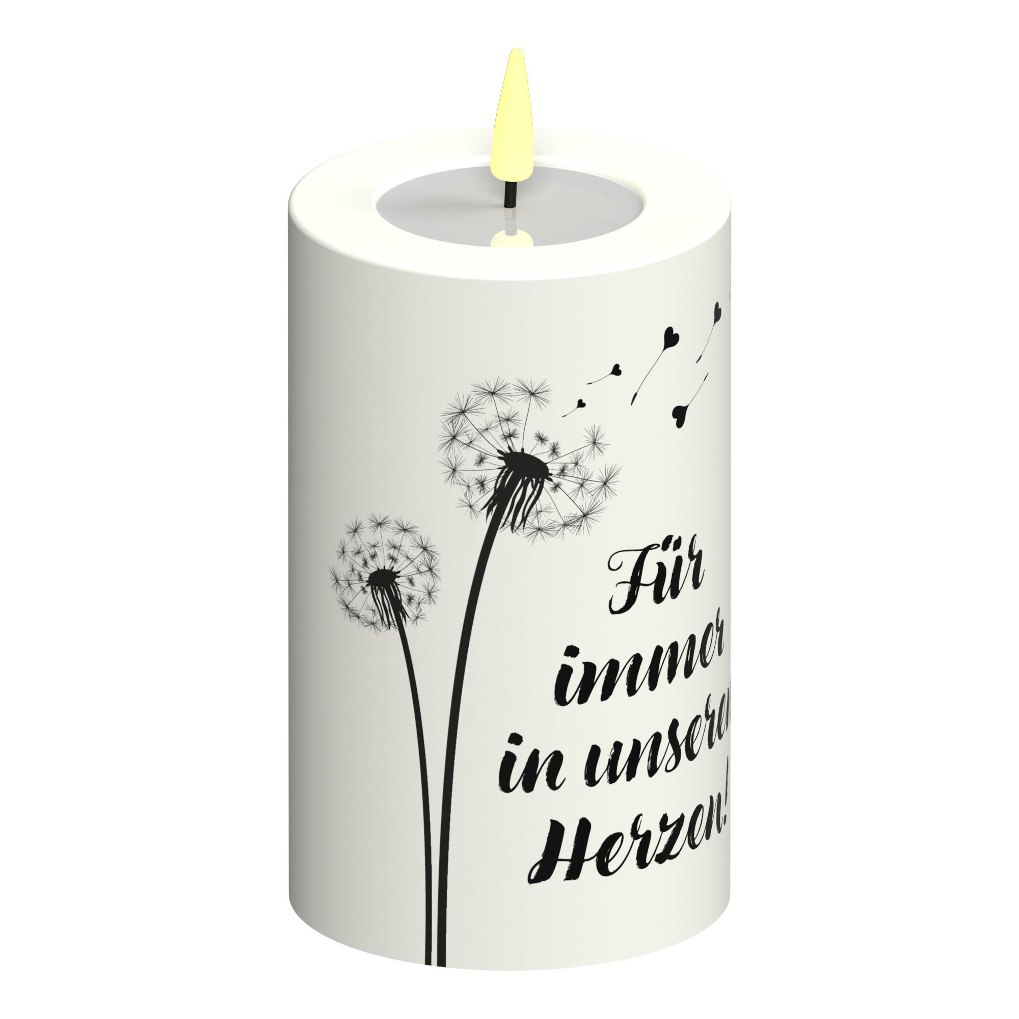 LED Stumpenkerze Weiß Pusteblume Herzen "Für immer in unseren Herzen"