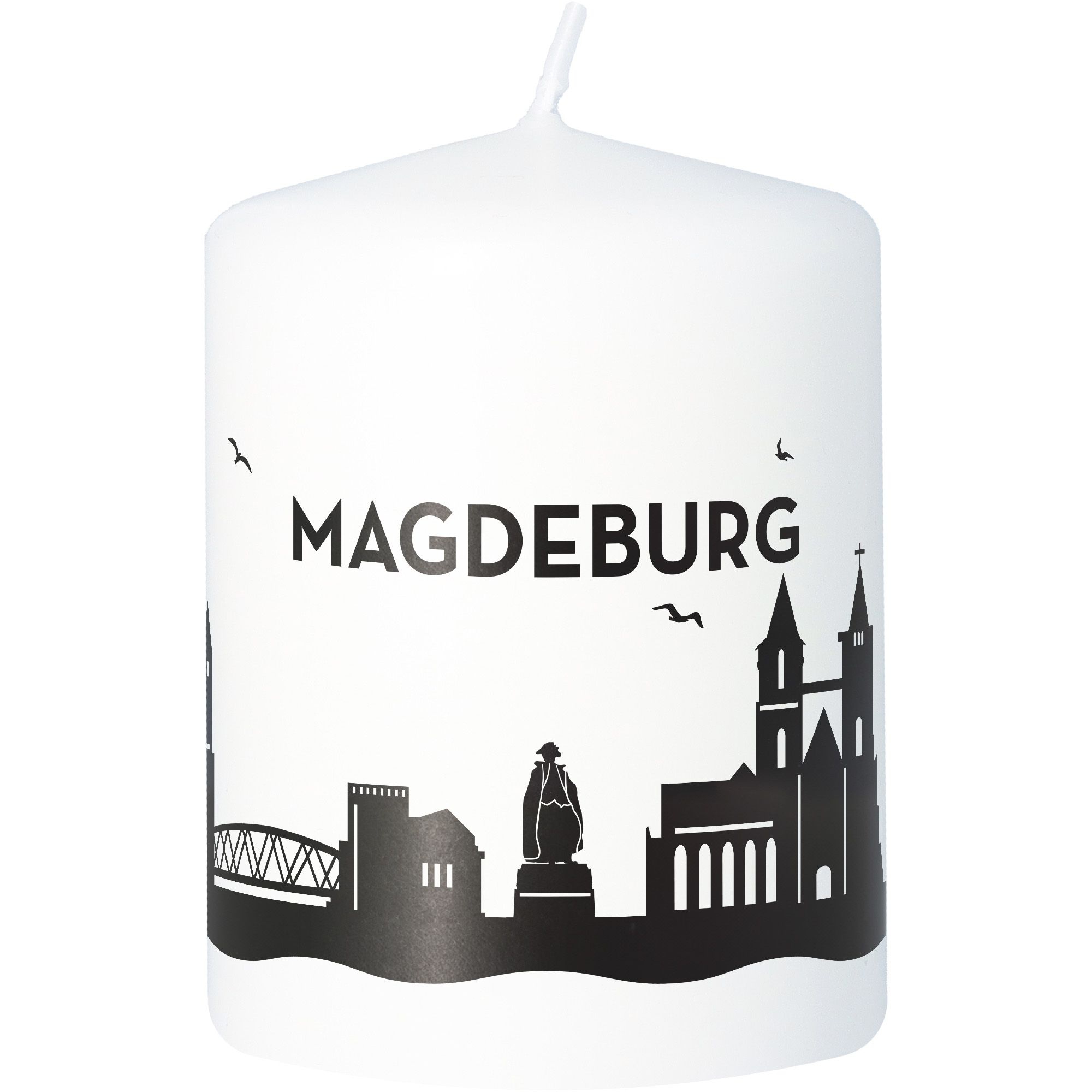 Stumpenkerze Skyline Magdeburg Weiß