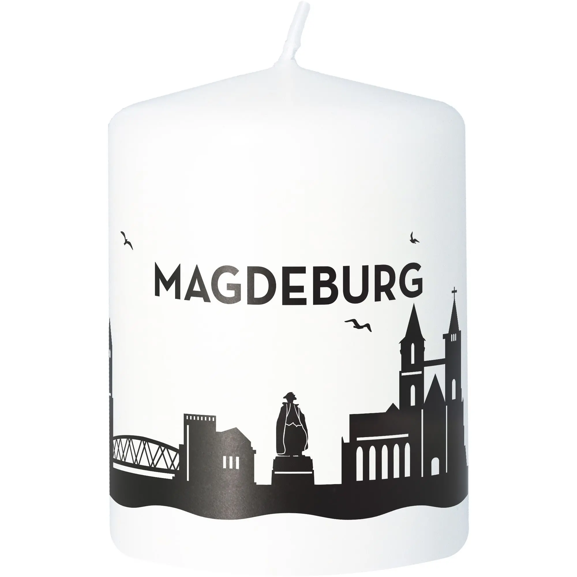 Stumpenkerze Skyline Magdeburg Weiß