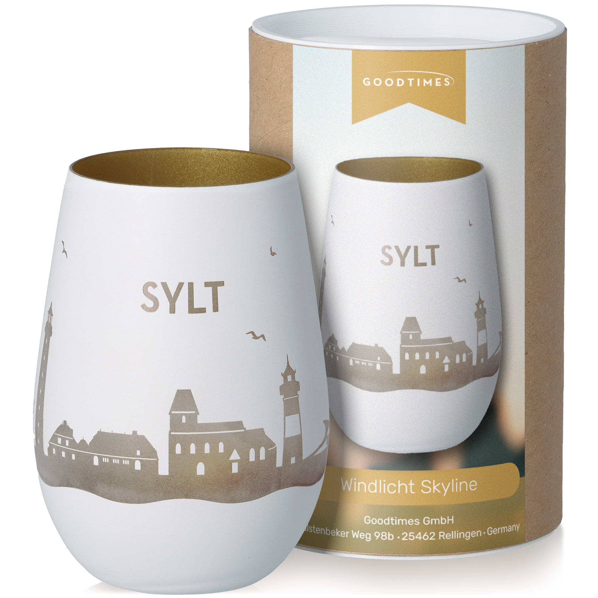 Windlicht Skyline Sylt Weiß/Gold Töpferei, Tasse, Kunst, Porzellan, Glas