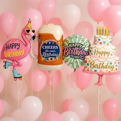 balloons, birthday, cake, beer mug, flamingo