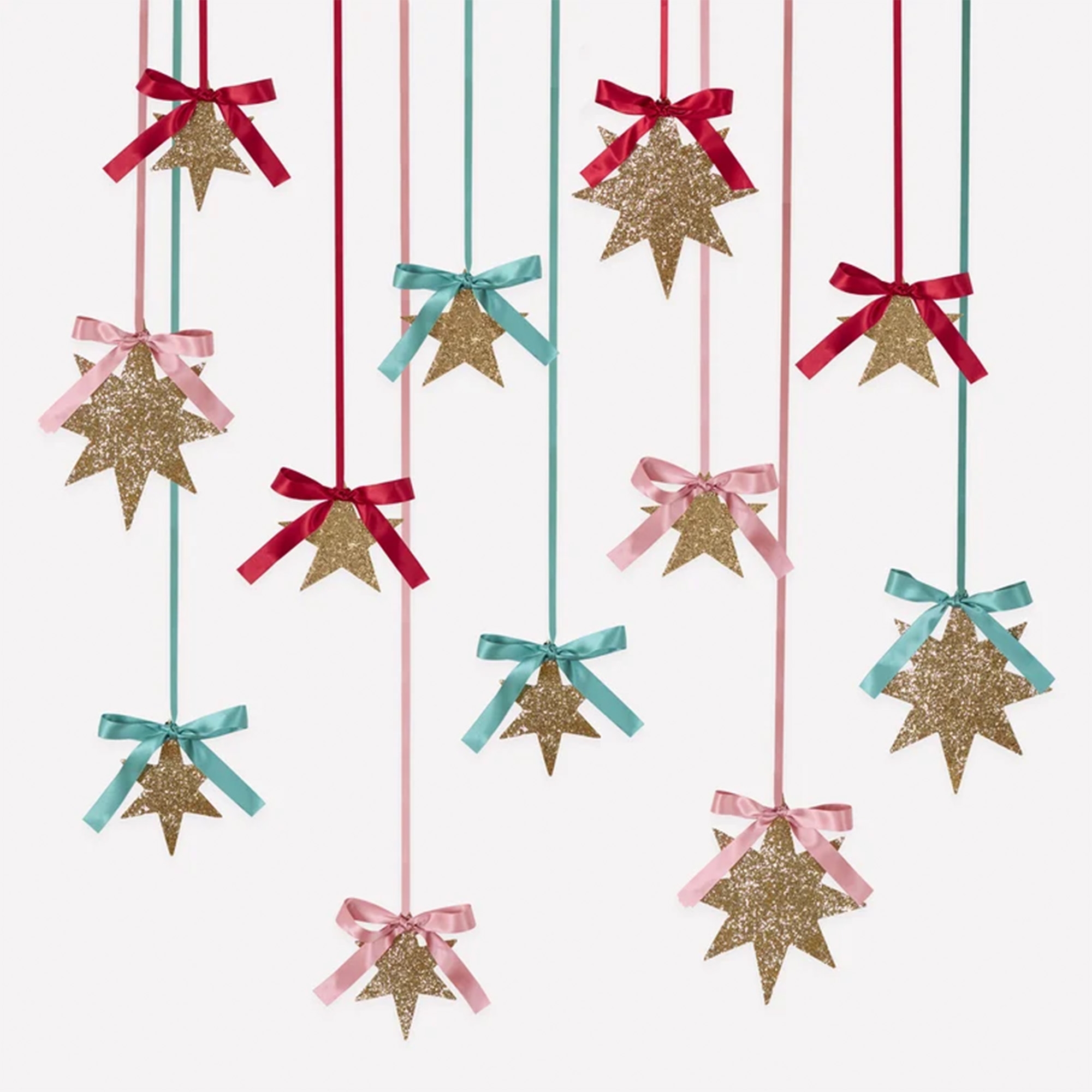 Glitzerstern, Hänger aus Stern, Girlande Sterne, Rote/rosa Türkis Bänder, Weihnachtsdeko