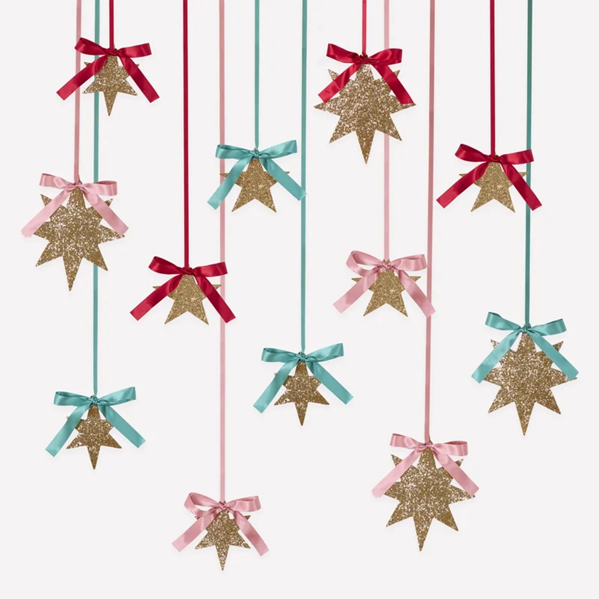 Glitzerstern, Hänger aus Stern, Girlande Sterne, Rote/rosa Türkis Bänder, Weihnachtsdeko