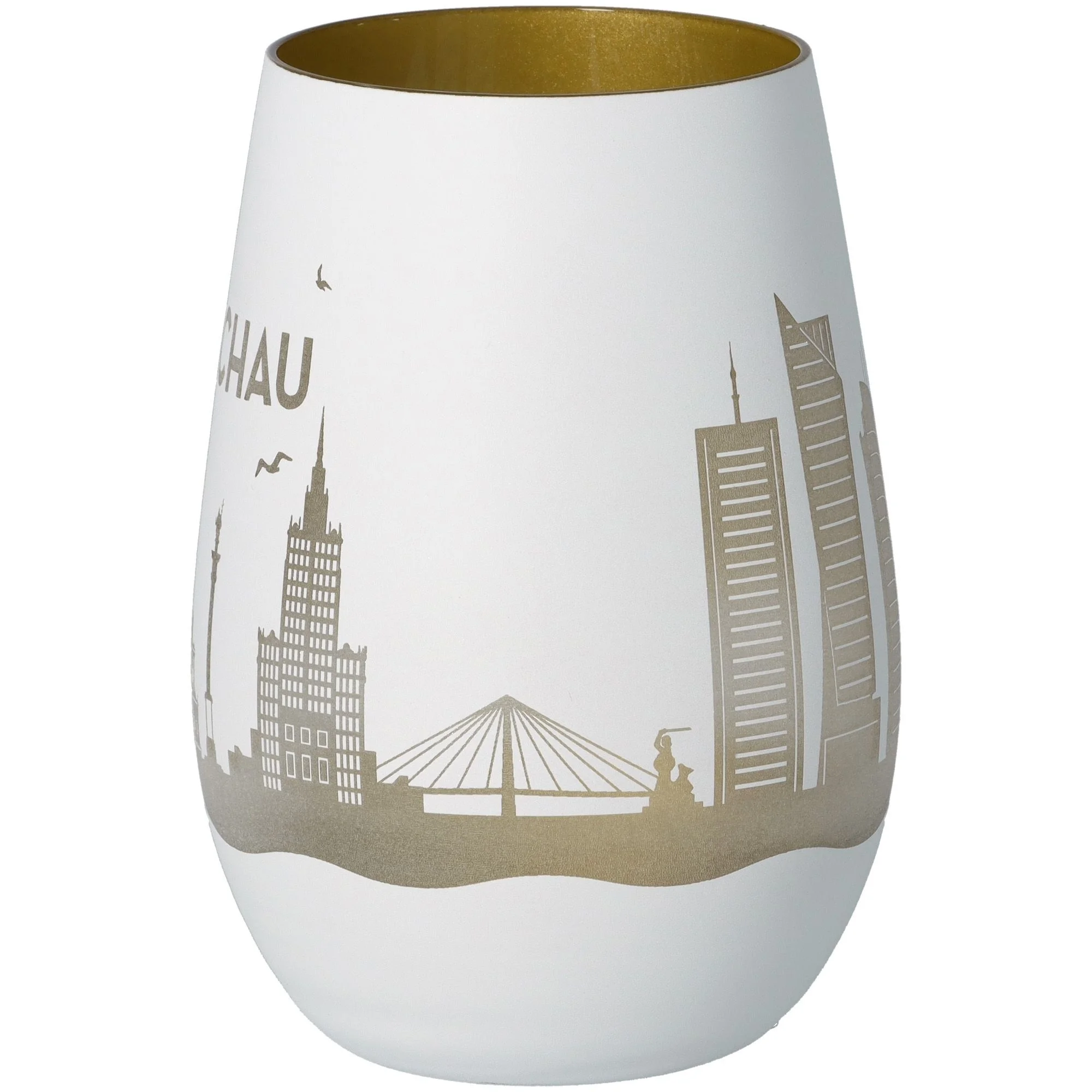 Vase, Weiße Vase, Stadt-Skyline, Goldene Akzente, Keramikvase