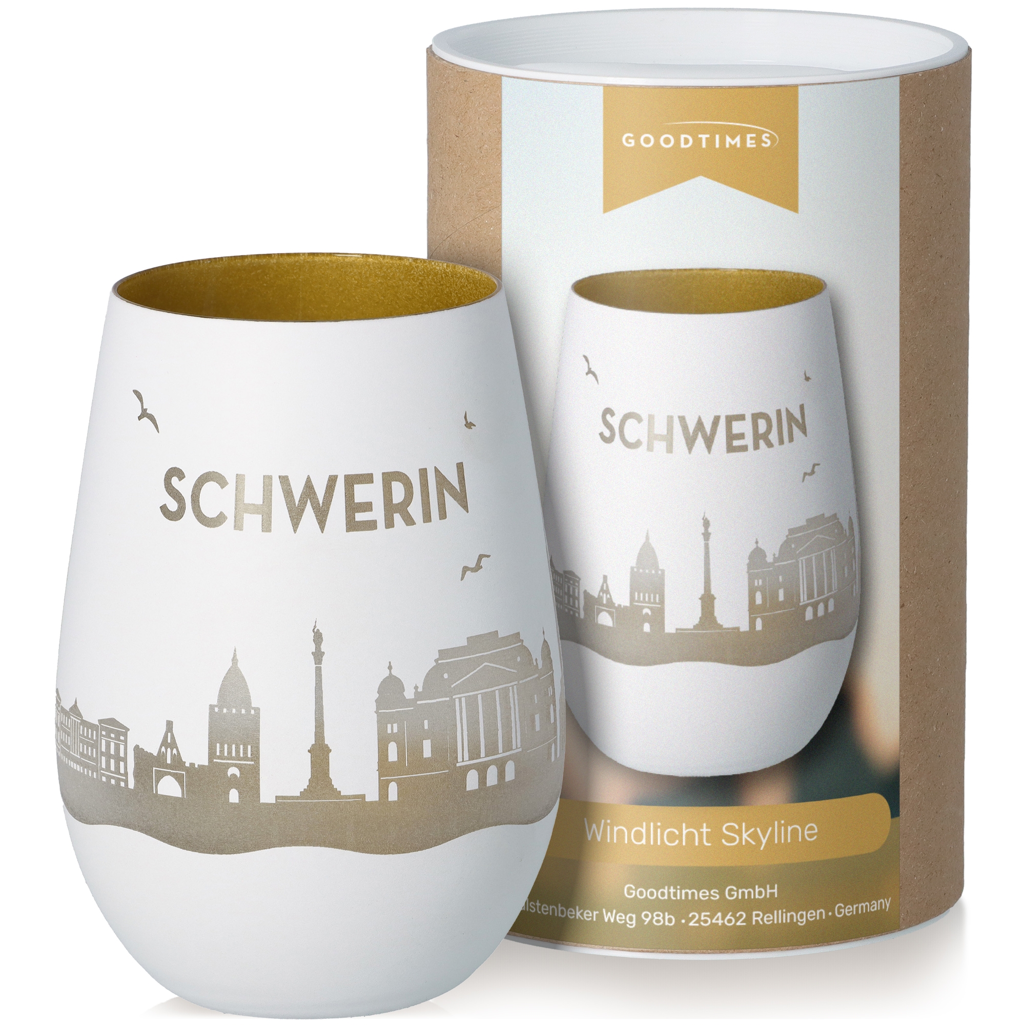 Windlicht Skyline Schwerin Weiß/Gold Töpferei, Kunst, Porzellan, Tasse, Krug