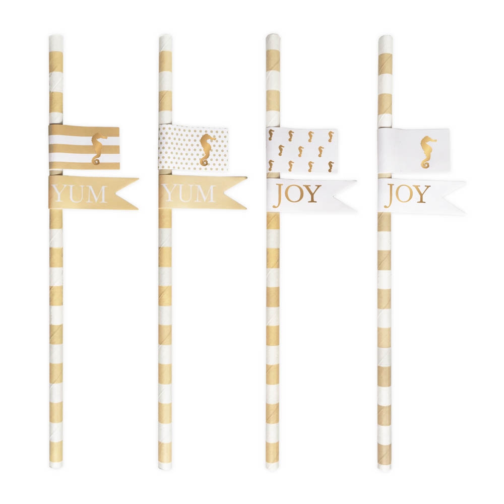 Seepferdchen - 20 Papierstrohhalme & 40 Sticker Weiß Gold Seepferdchen - 20 Papierstrohhalme & 40 Sticker Weiß Gold