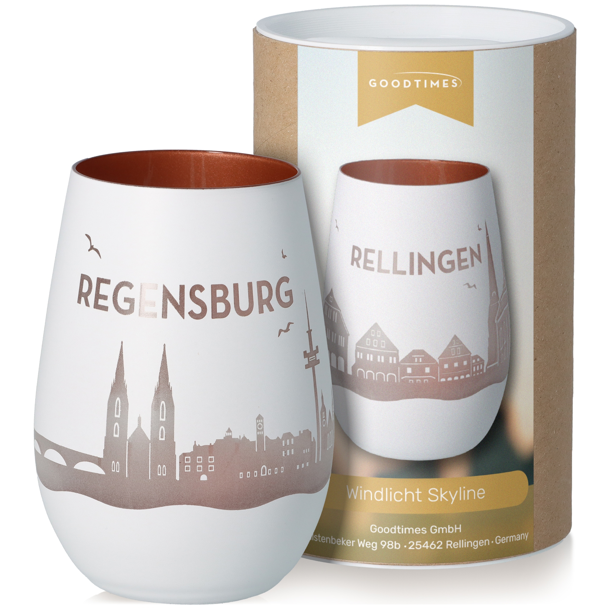 Windlicht Skyline Regensburg Weiß/Bronze Töpferei, Tasse, Kunst, Porzellan