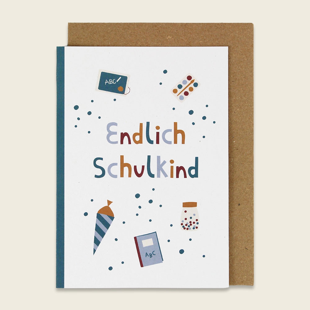 Grußkarte "Endlich Schulkind" Türkis Grußkarte "Endlich Schulkind" Türkis