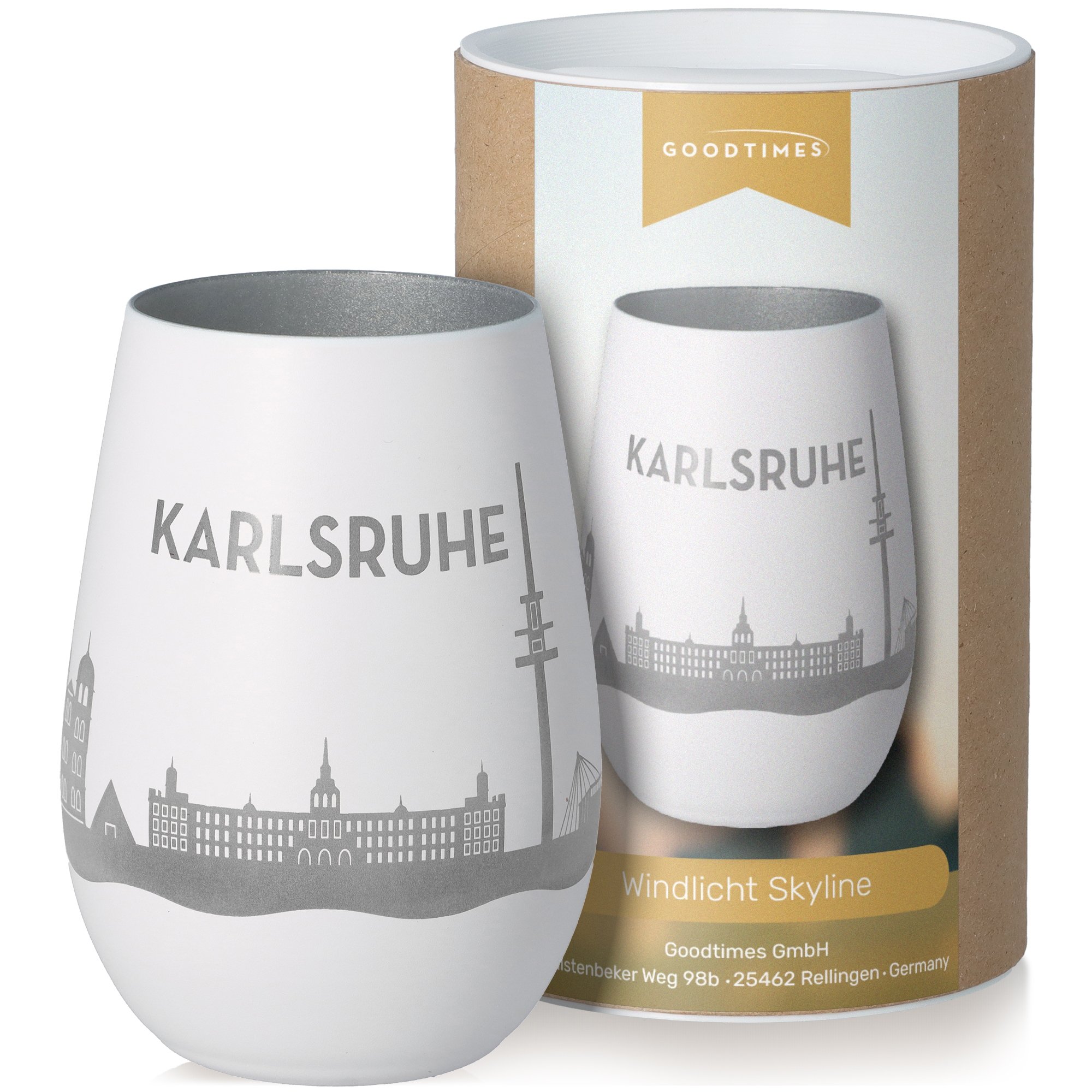 Windlicht Skyline Karlsruhe Weiß/Silber Töpferei, Glas, Tasse, Krug