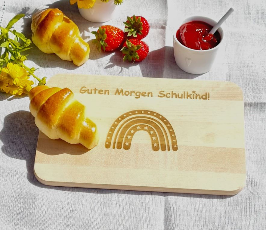 Frühstücksbrettchen Guten Morgen Schulkind Regenbogen Stern 23cm x 15cm x 1cm