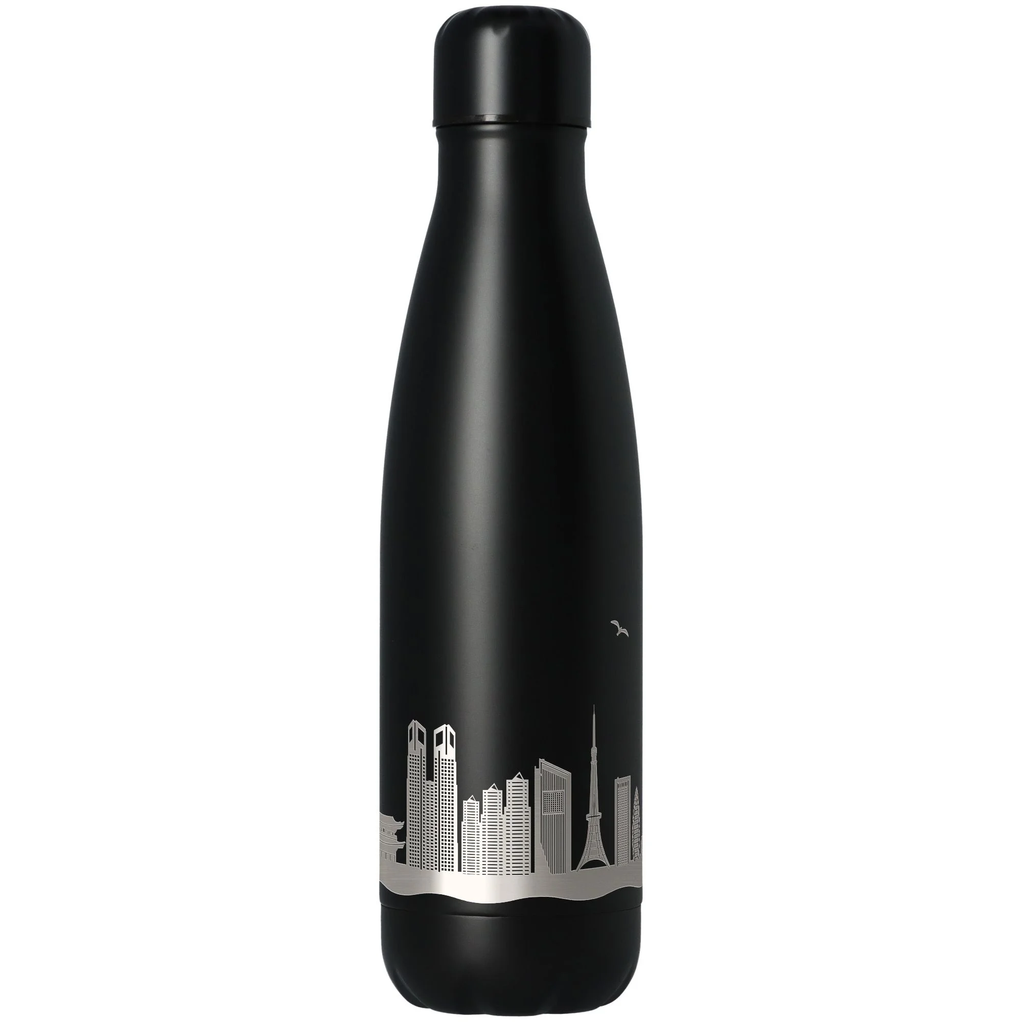 thermos, stainless steel, black, city skyline, insulated bottle