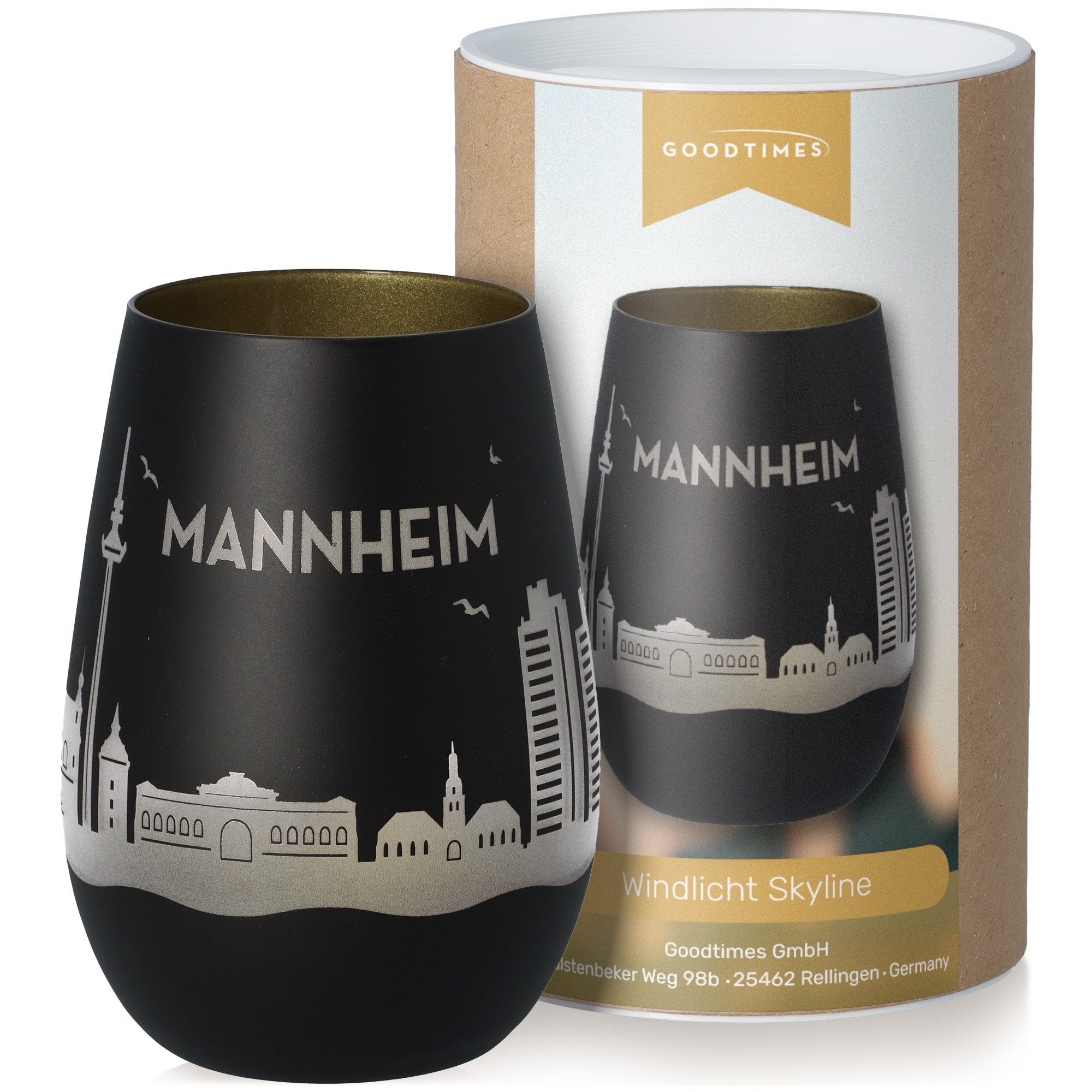 Windlicht Skyline Mannheim Schwarz/Gold Krug, Töpferei, Tasse