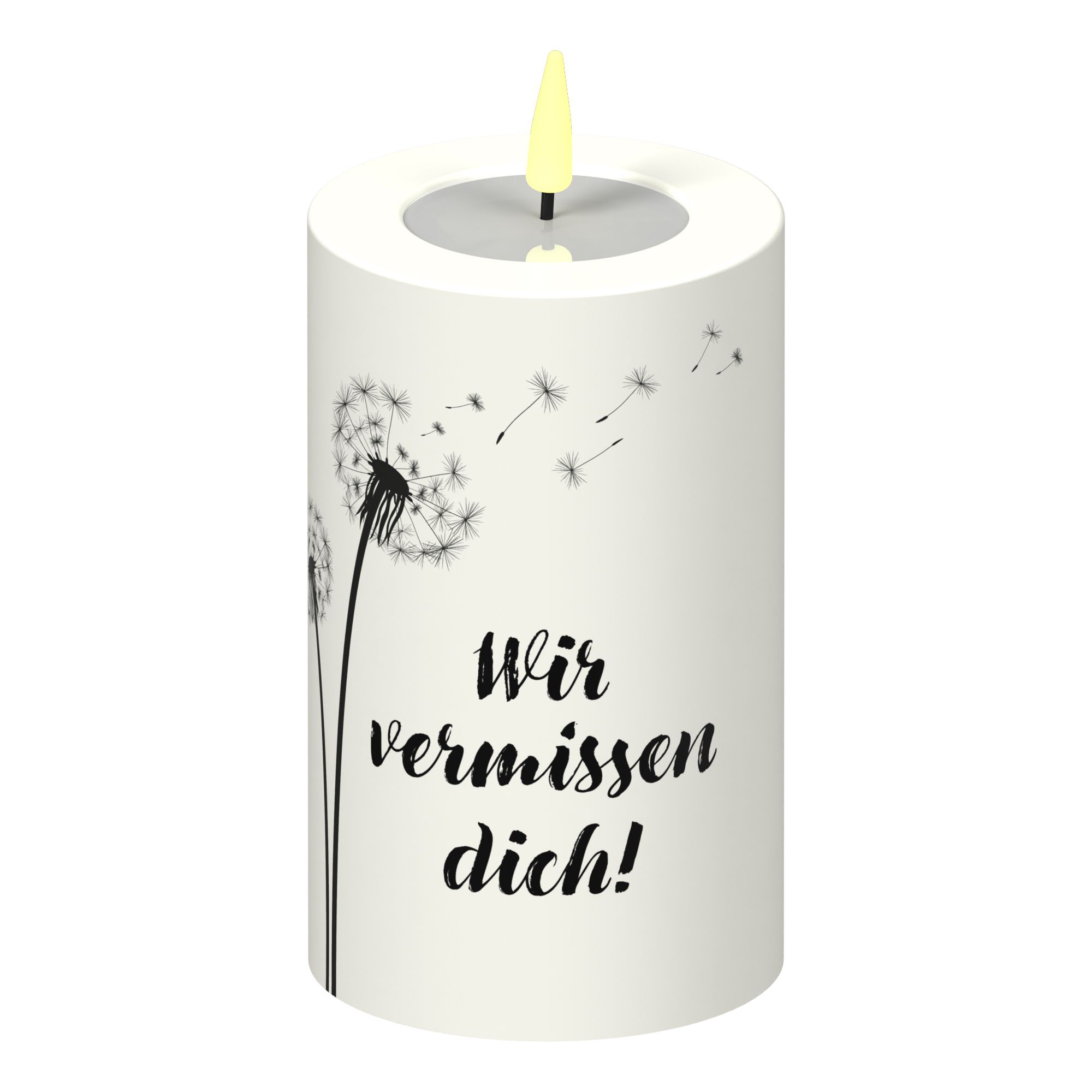 LED Stumpenkerze Weiß Pusteblume "Wir vermissen dich!" LED Stumpenkerze Weiß Pusteblume "Wir vermissen dich!"