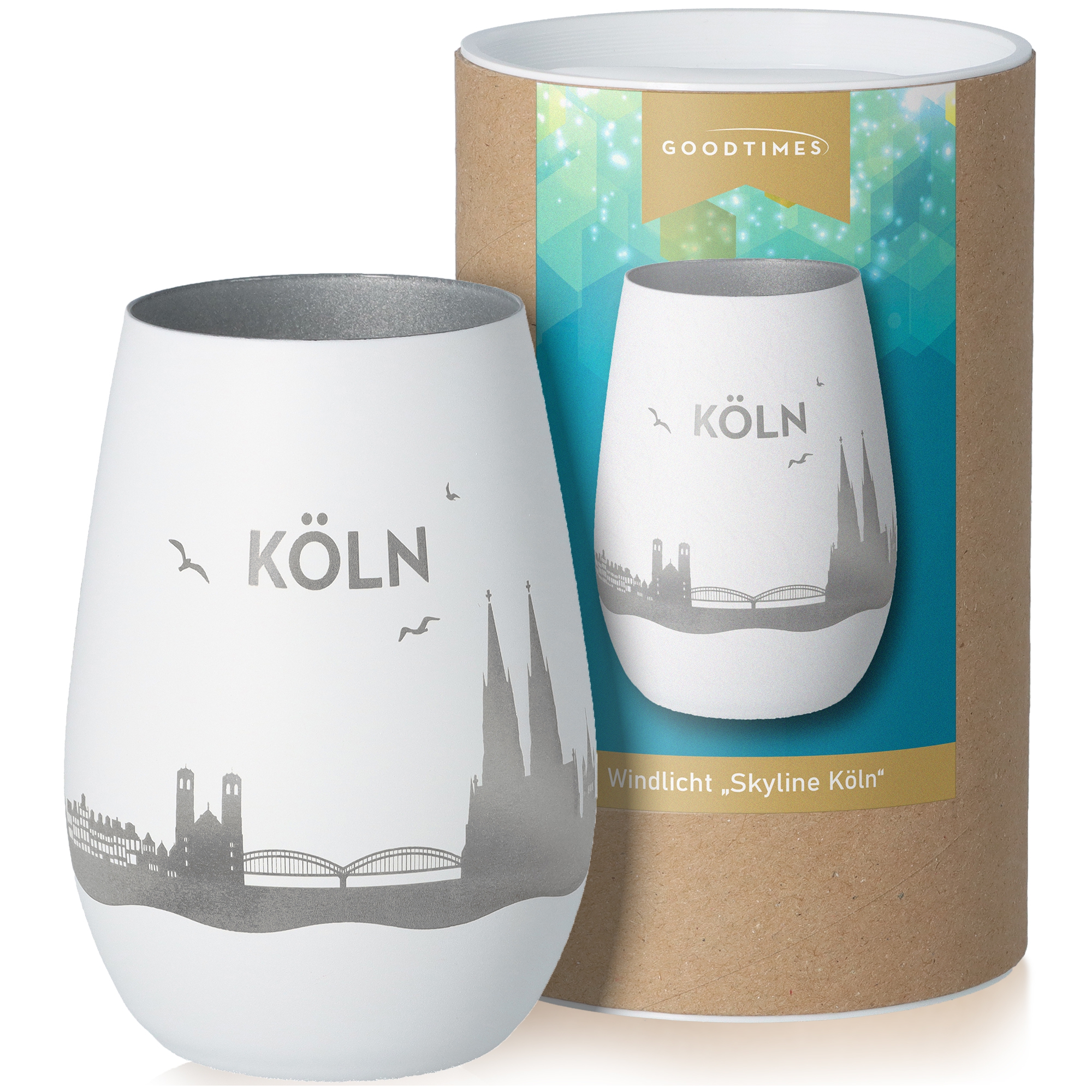 Windlicht Skyline Köln Weiß/Silber