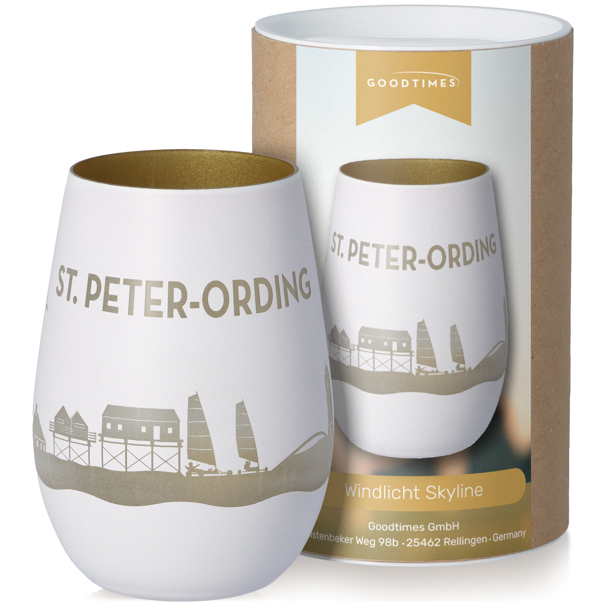 Windlicht Skyline St. Peter-Ording Weiß/Gold Töpferei, Tasse, Getränk, Kaffee, Kaffeetasse