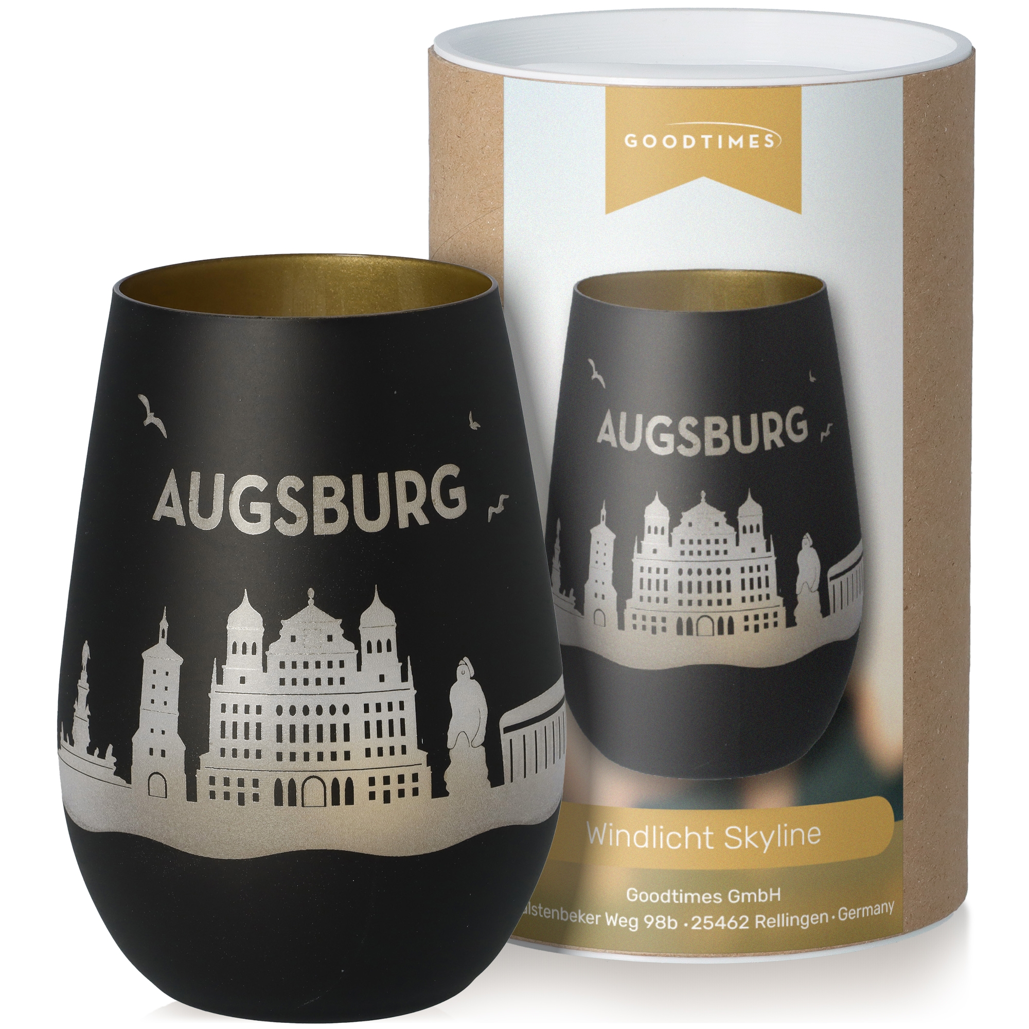 Windlicht Skyline Augsburg Schwarz/Gold Töpferei, Krug, Tasse, Lampe