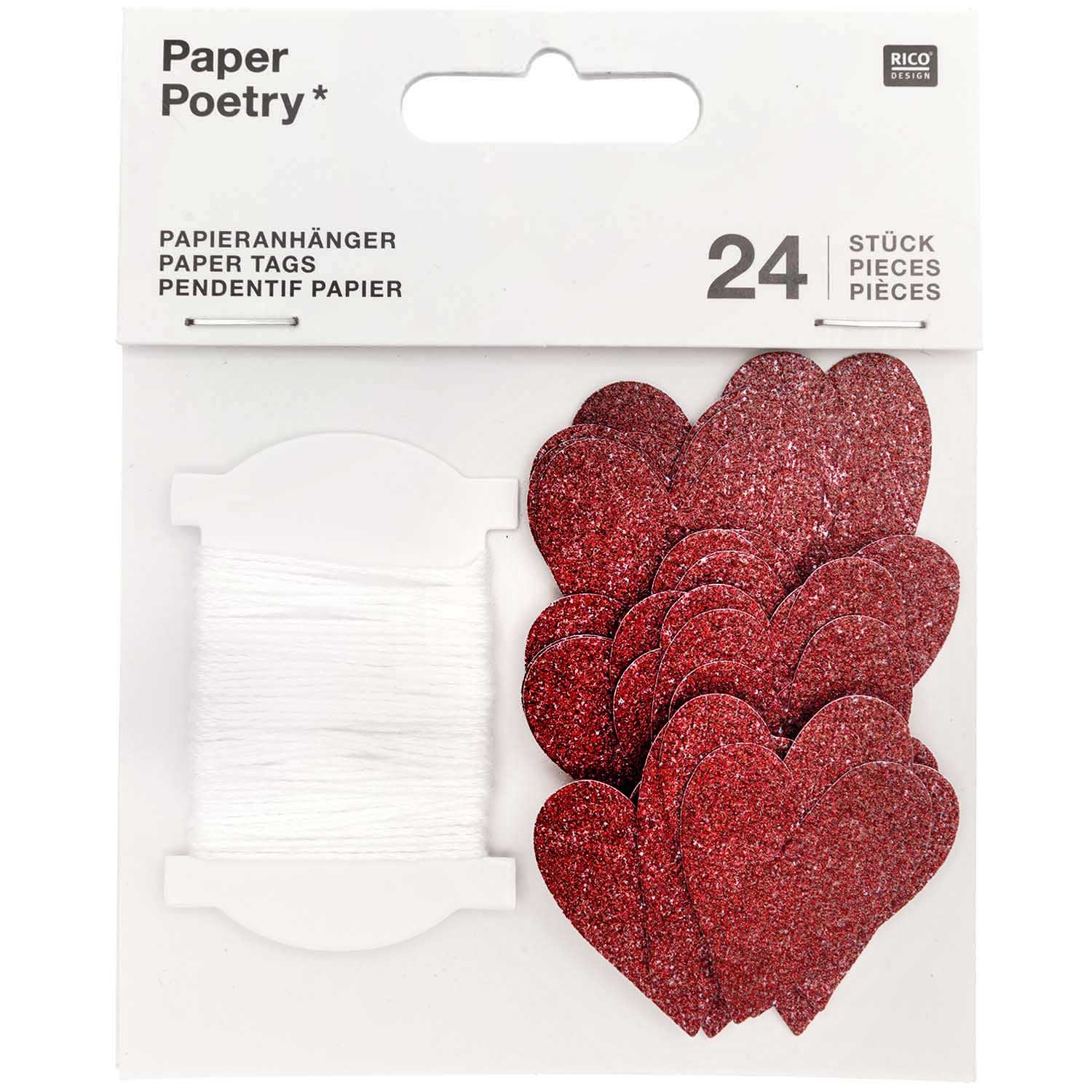 24 Papieranhänger "Glitzerherzen", Rot 24 Papieranhänger "Glitzerherzen", Rot
