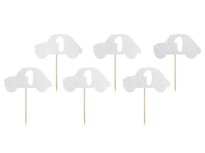 6 Cake Topper "Autos" zum 1. Geburtstag, silber 6 Cake Topper "Autos" zum 1. Geburtstag, silber