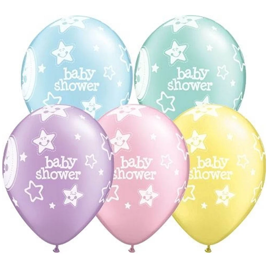 baby shower balloons, latex balloons, pastel colors, stars pattern, party balloons
