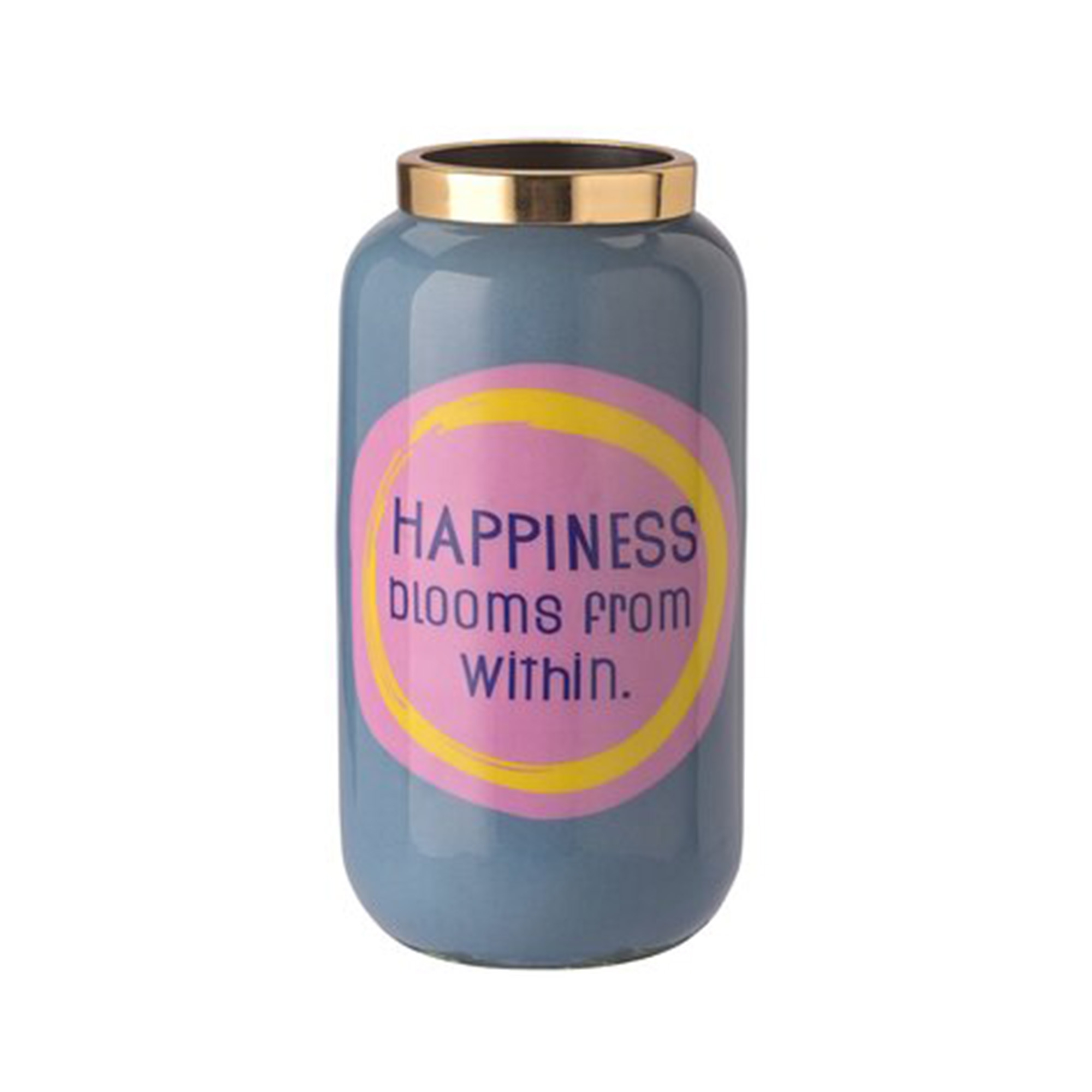 Vase mit Metallring "Happiness...", Blau/Gold - XXS