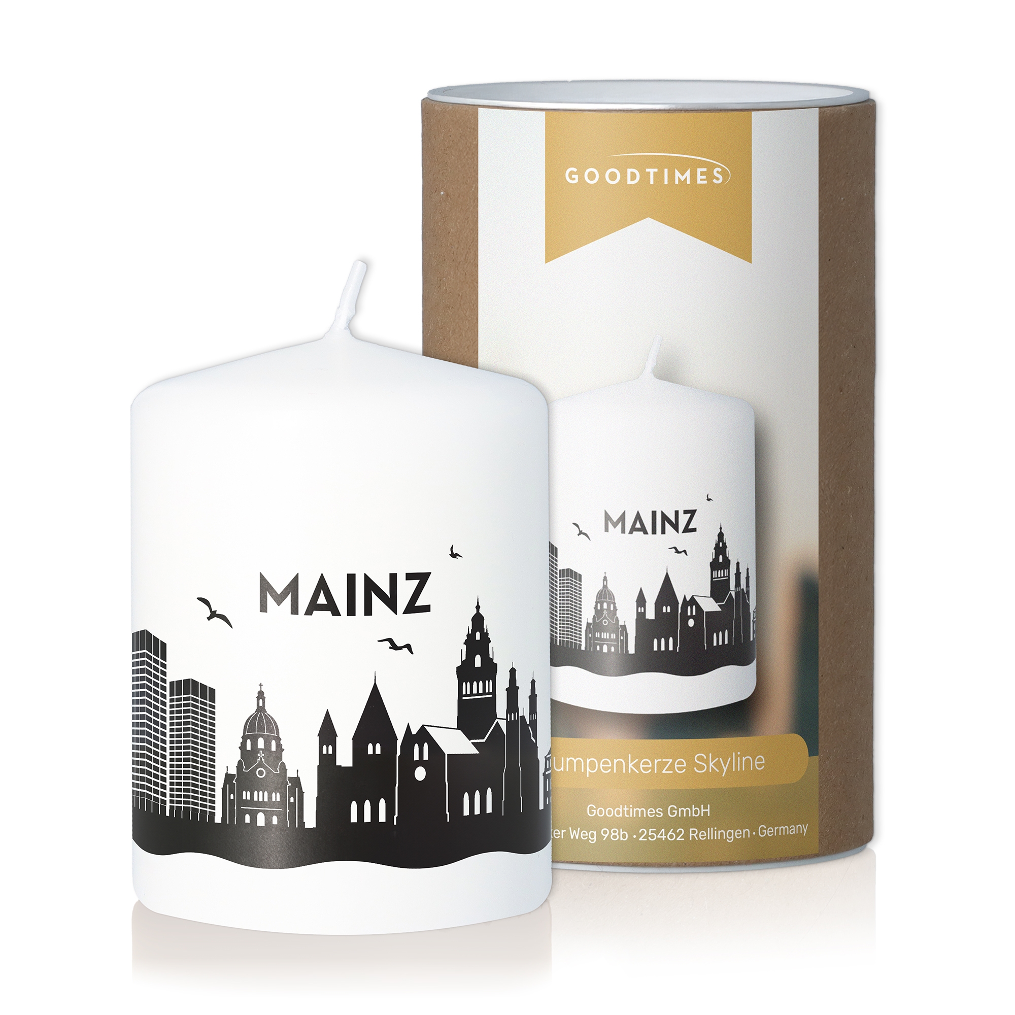 Stumpenkerze Skyline Mainz Weiß