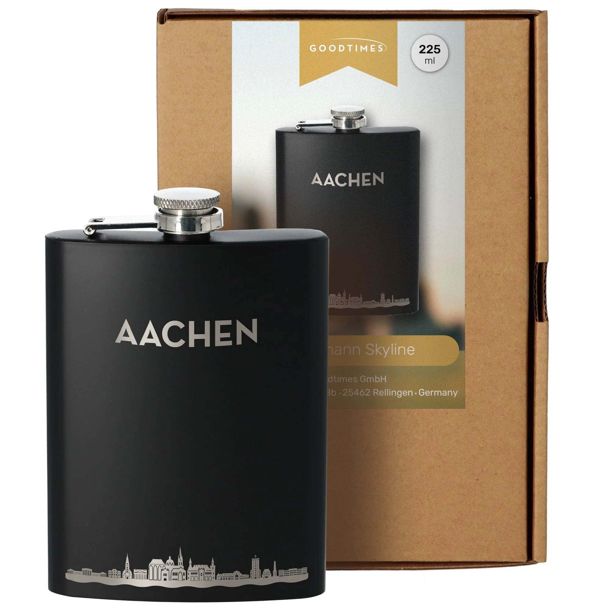 Flasche, Flachmann, Halsflasche, Aachen Skyline, 225 ml