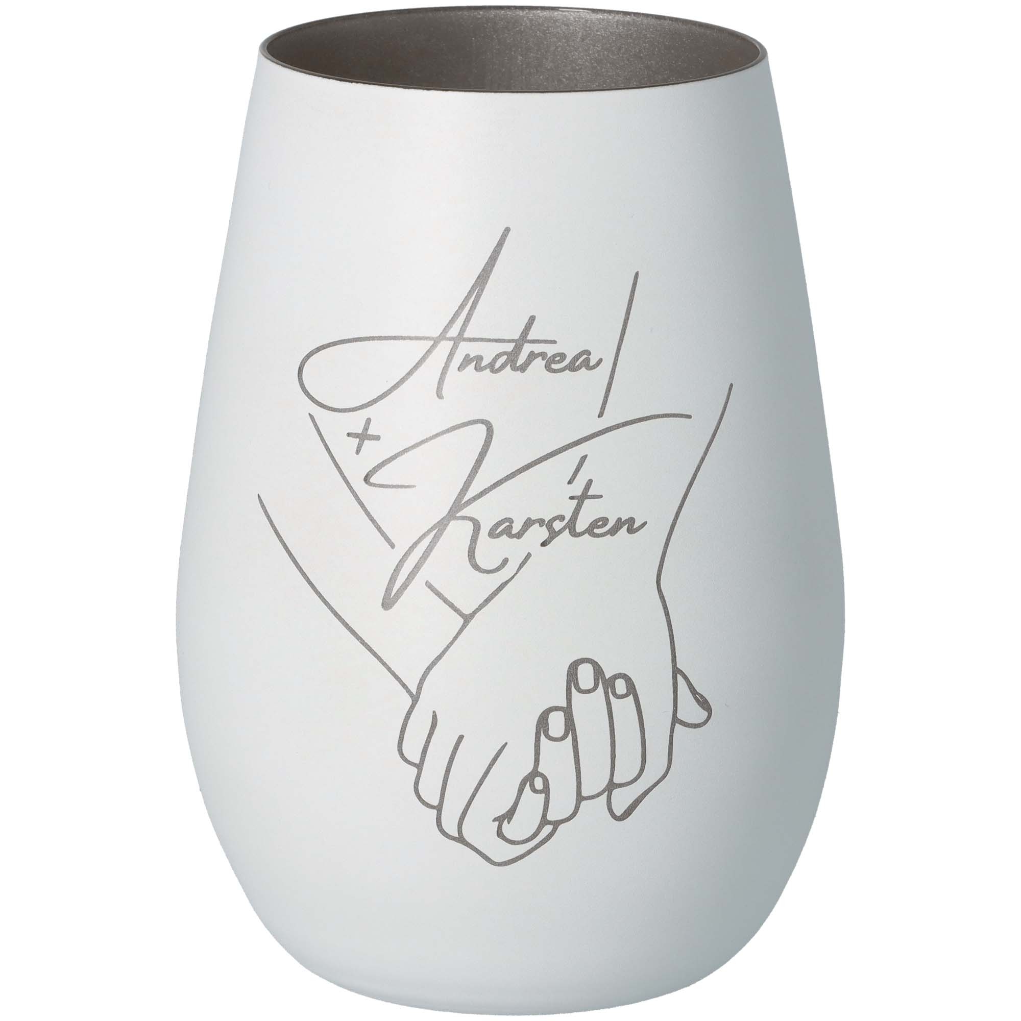 Windlicht Händchen halten "Namen" Weiß/Silber Krug, Töpferei, Vase, Handschrift, Text