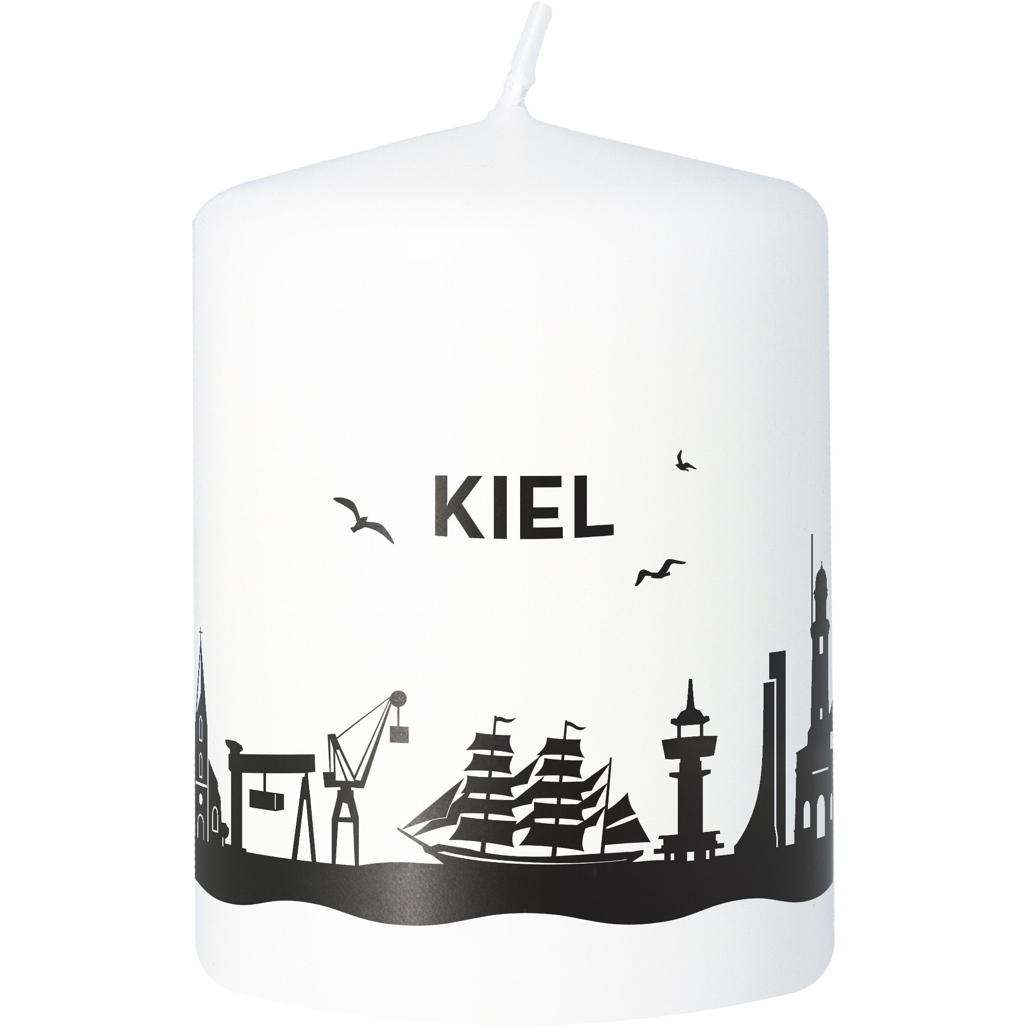 Stumpenkerze Skyline Kiel Weiß Stumpenkerze Skyline Kiel Weiß