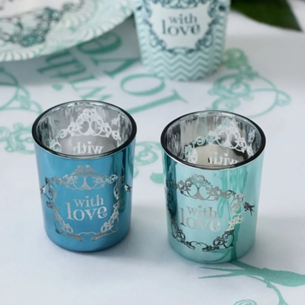 2 Teelichtgläser "with love" Blau & Grün