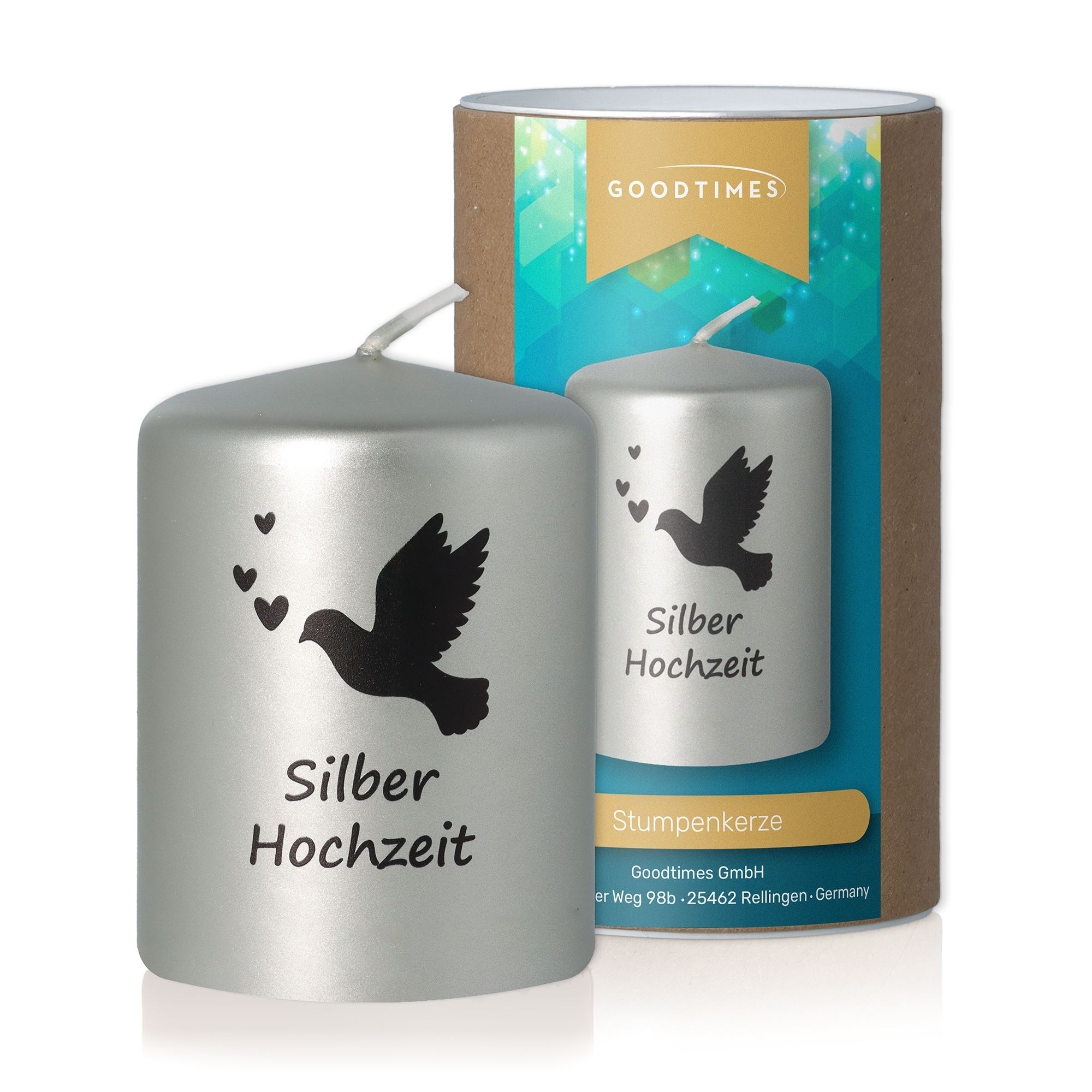 Stumpenkerze "Silberhochzeit" Tier, Vogel