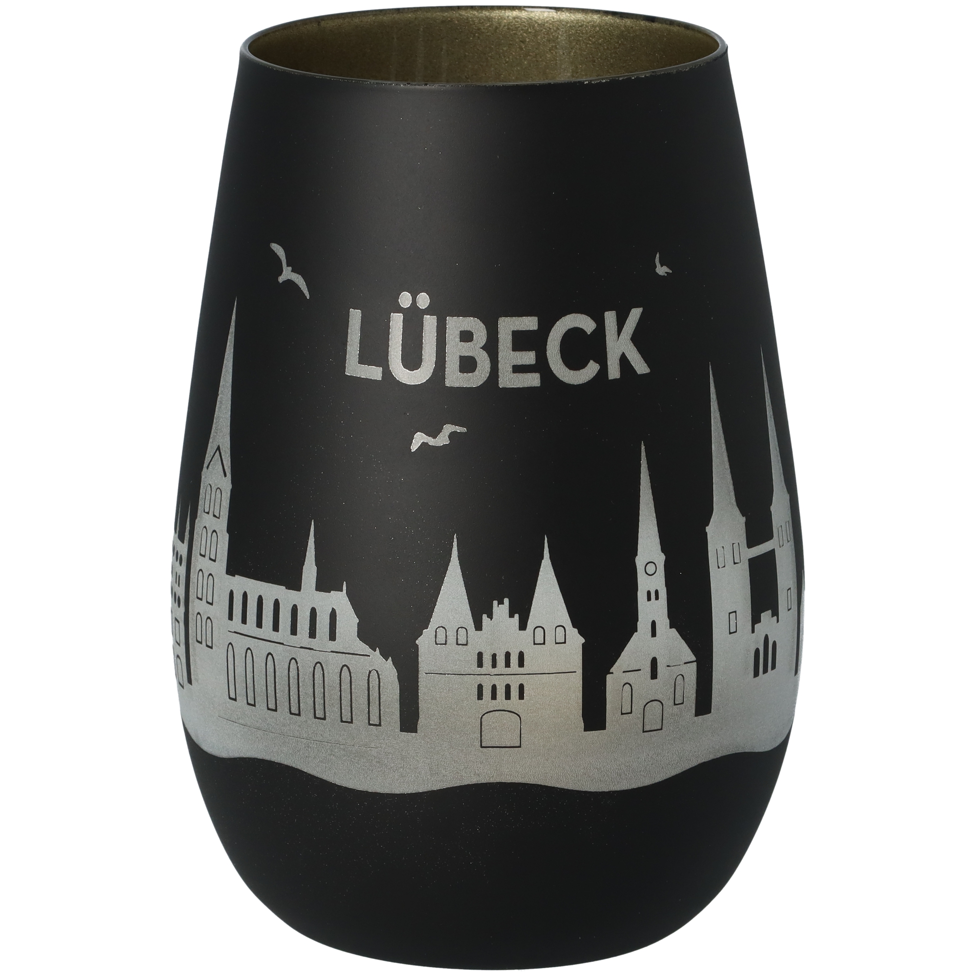 Windlicht Skyline Lübeck Schwarz/Gold