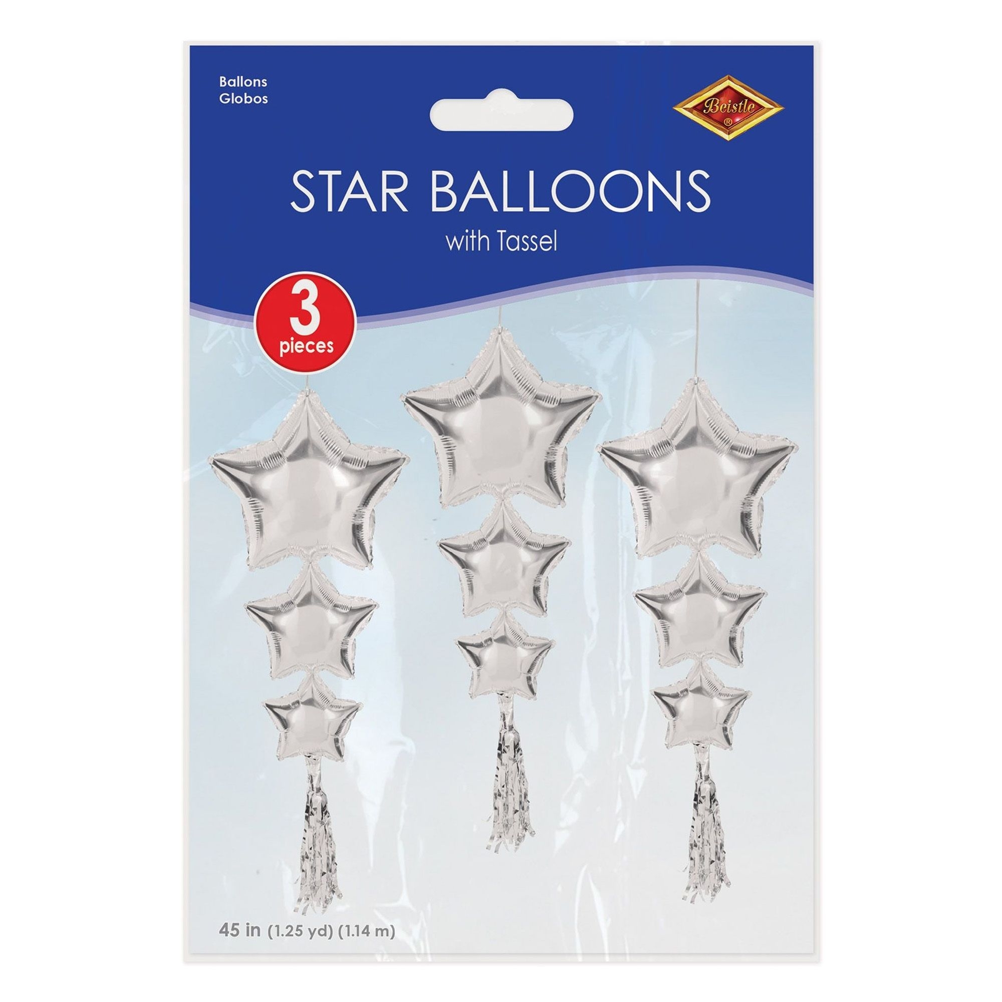 3 Stern Ballons mit Tasseln "Silber" 3 Stern Ballons mit Tasseln "Silber"