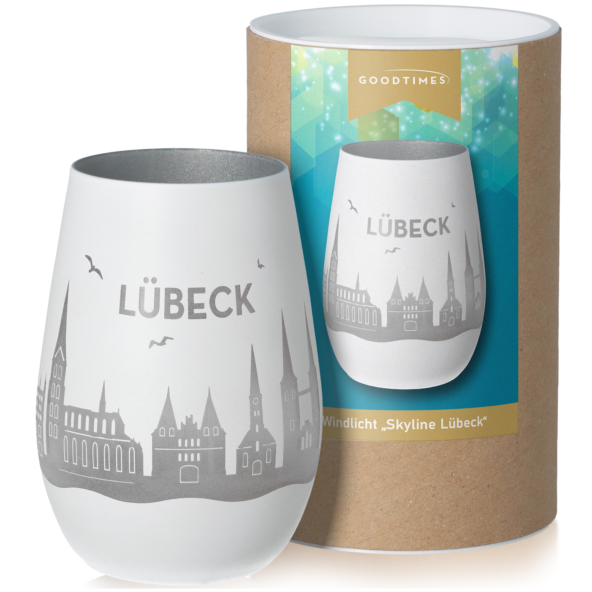 Windlicht Skyline Lübeck Weiß/Silber