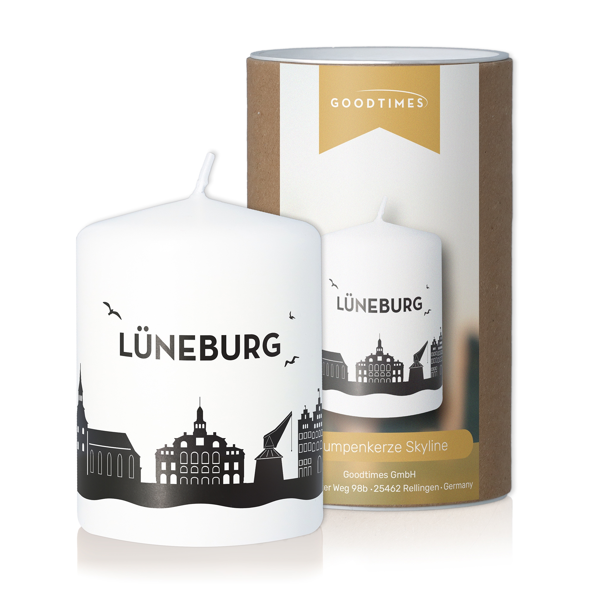 Stumpenkerze Skyline Lüneburg Weiß Kerze