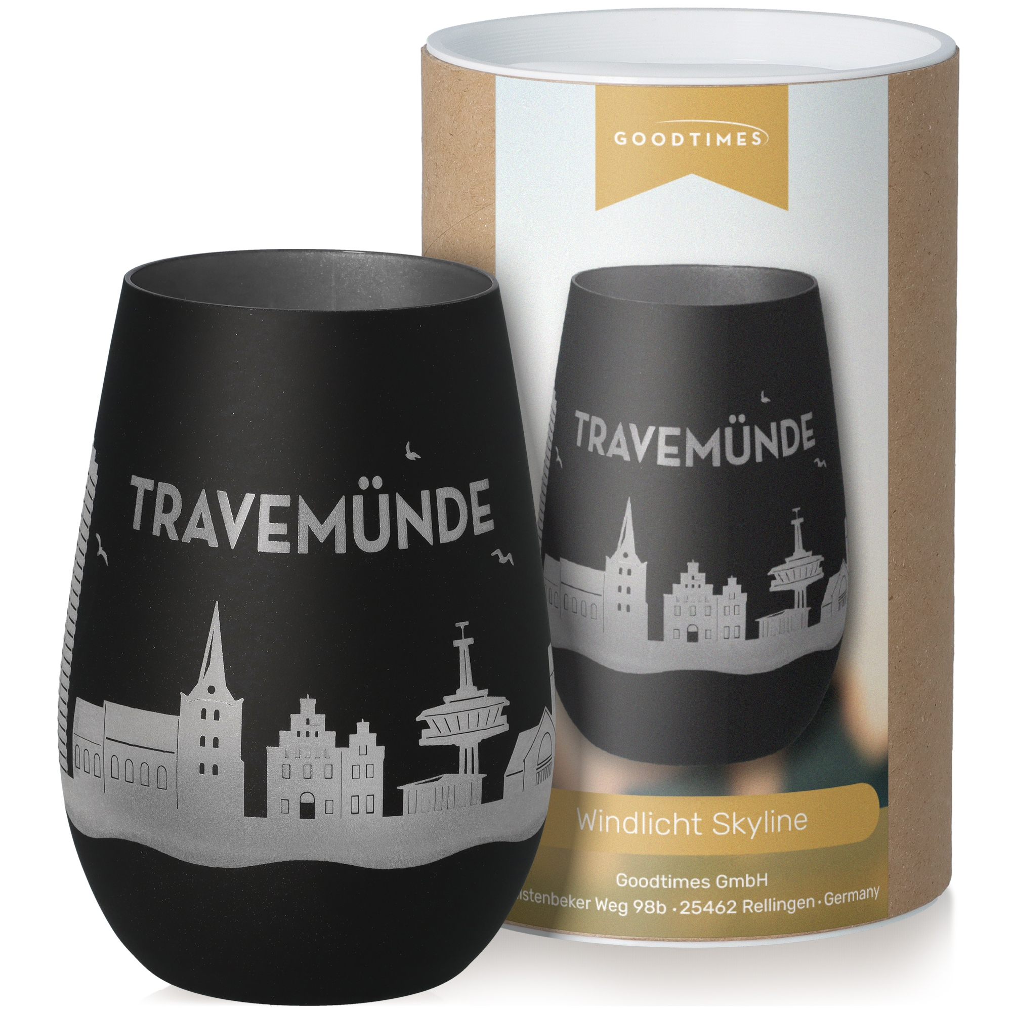 Windlicht Skyline Travemünde Schwarz/Silber Krug, Töpferei, Lampe