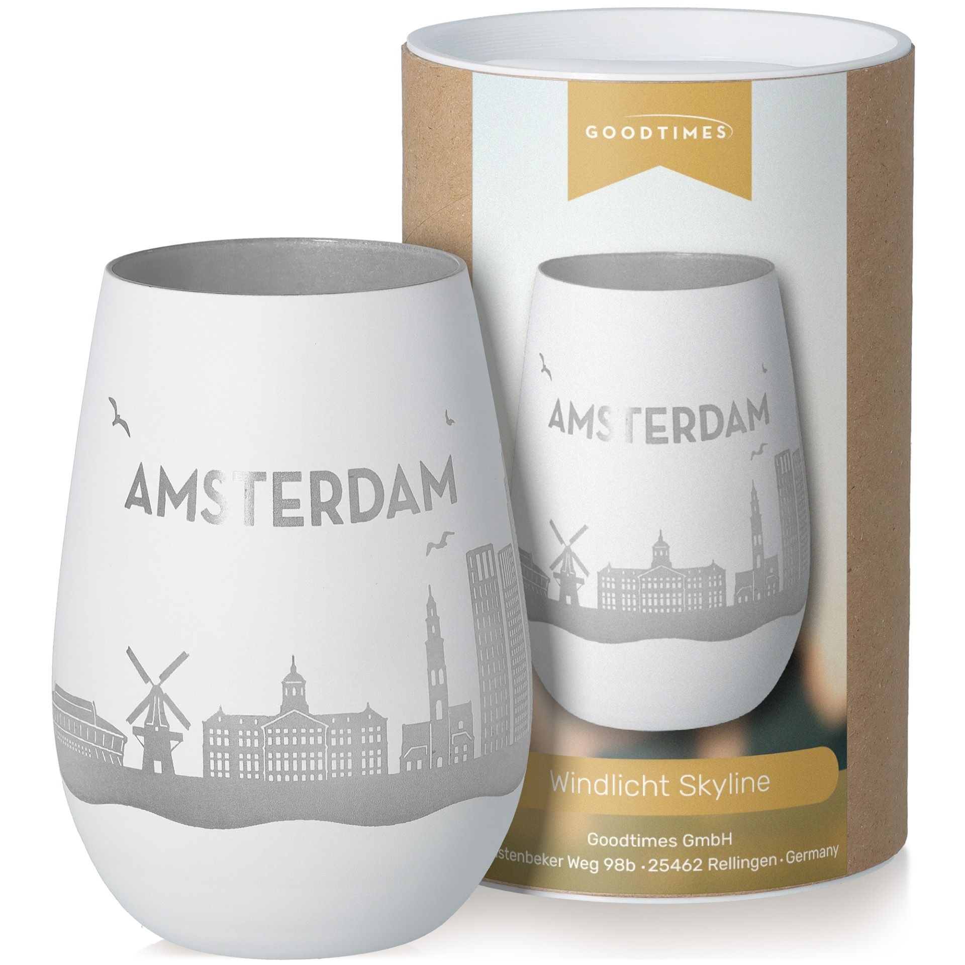 Windlicht Skyline Amsterdam Weiß/Silber Töpferei, Krug, Tasse, Glas
