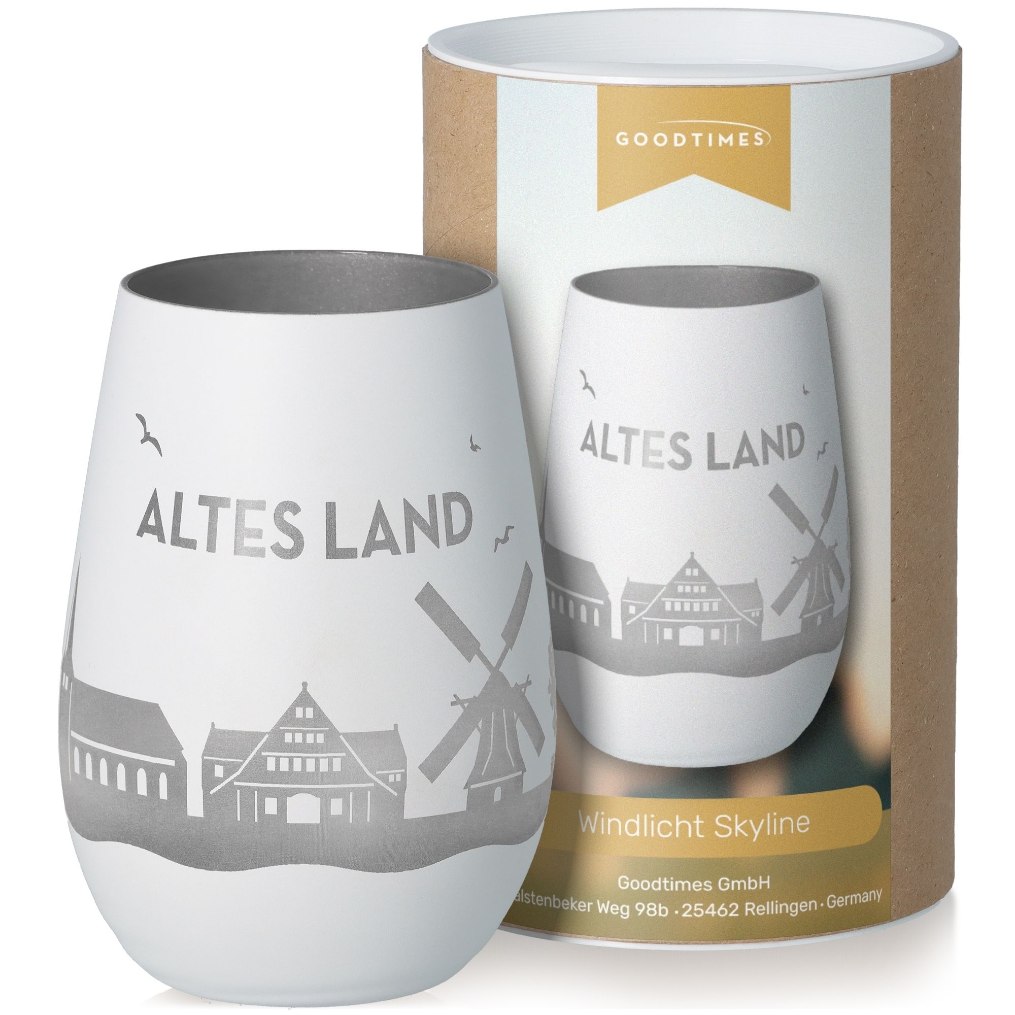 Windlicht Skyline Altes Land Weiß/Silber Töpferei, Krug, Glas, Tasse