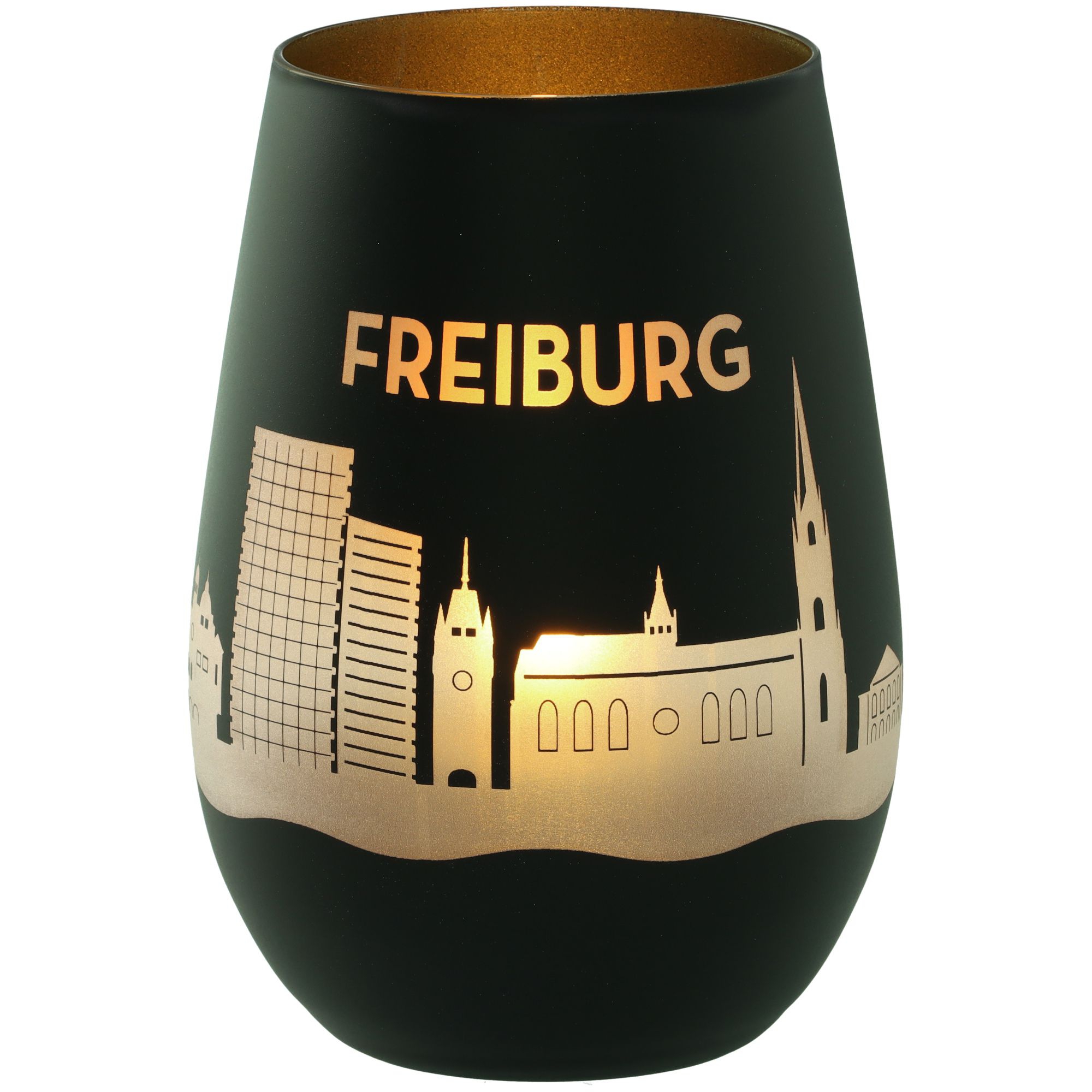 Windlicht Skyline Freiburg Schwarz/Gold