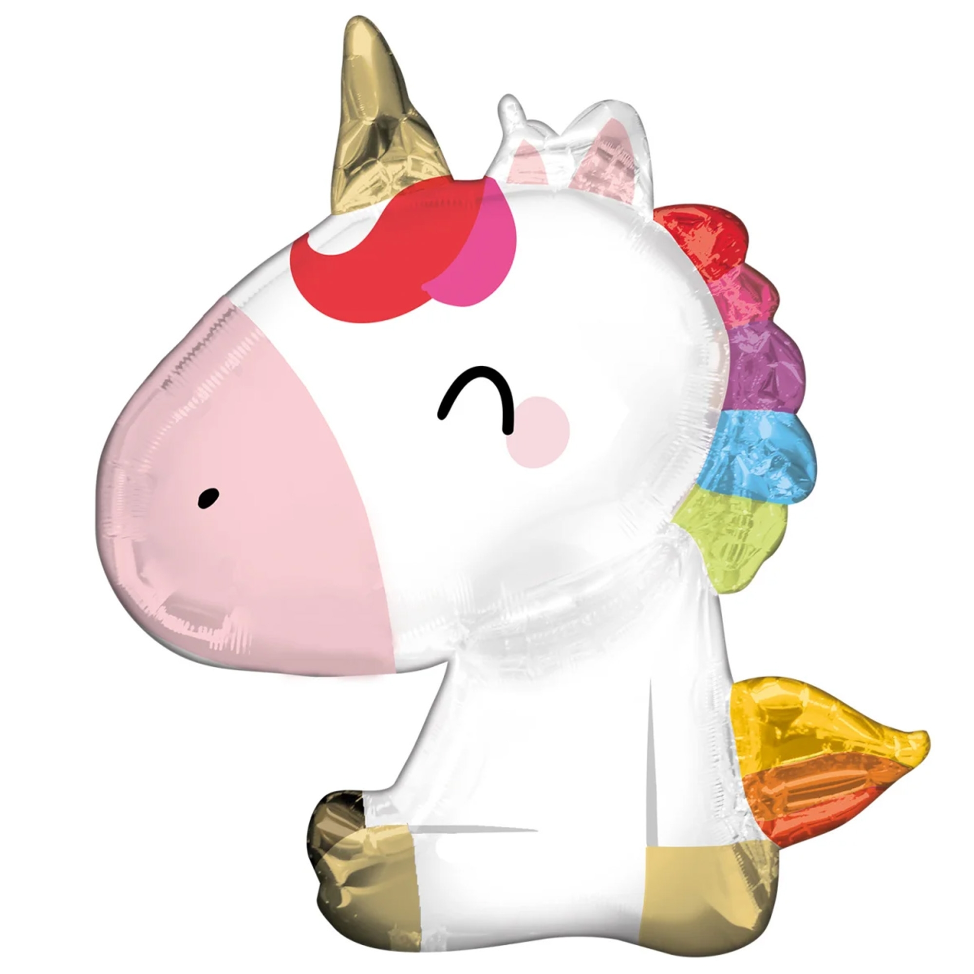 Folienballon Satin "Sitzendes Einhorn" 70 cm Einhorn-Luftballon, Foilballon, Party-Dekoration, bunter Mähnen, Horn aus Gold
