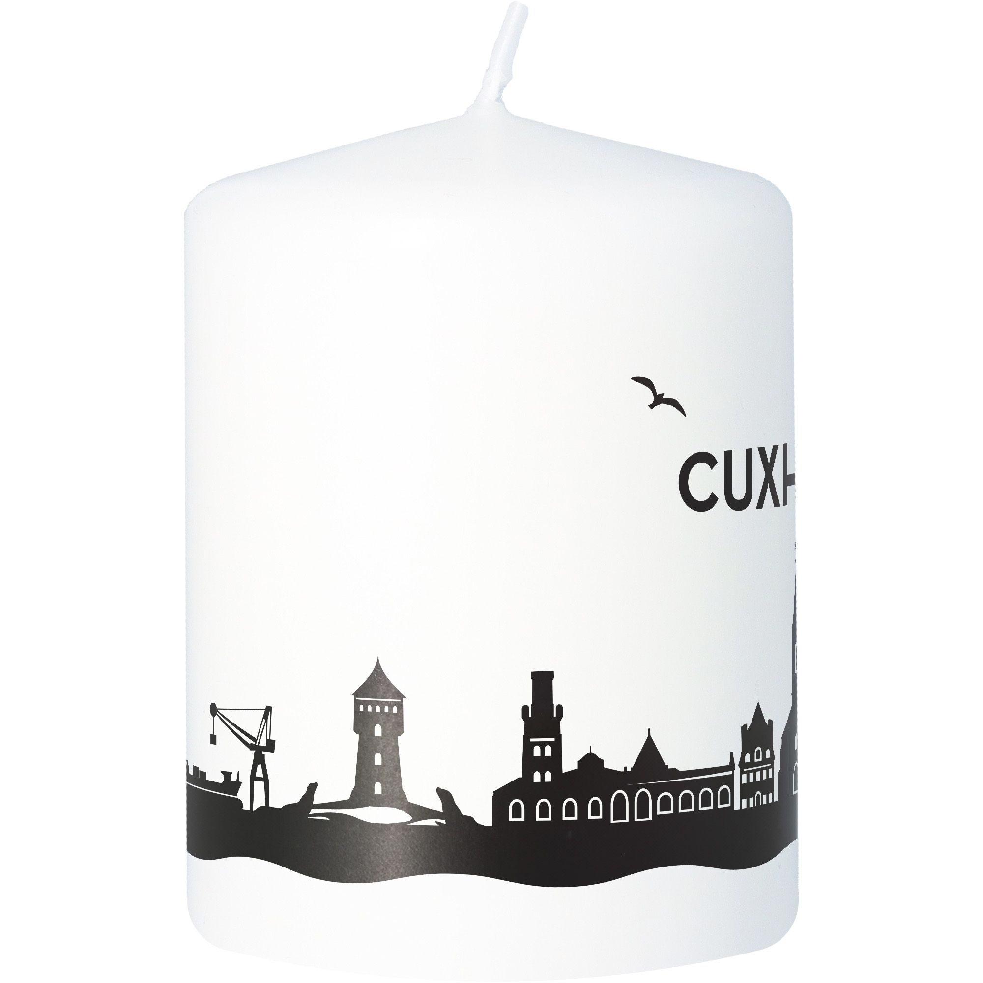Stumpenkerze Skyline Cuxhaven Weiß Stumpenkerze Skyline Cuxhaven Weiß