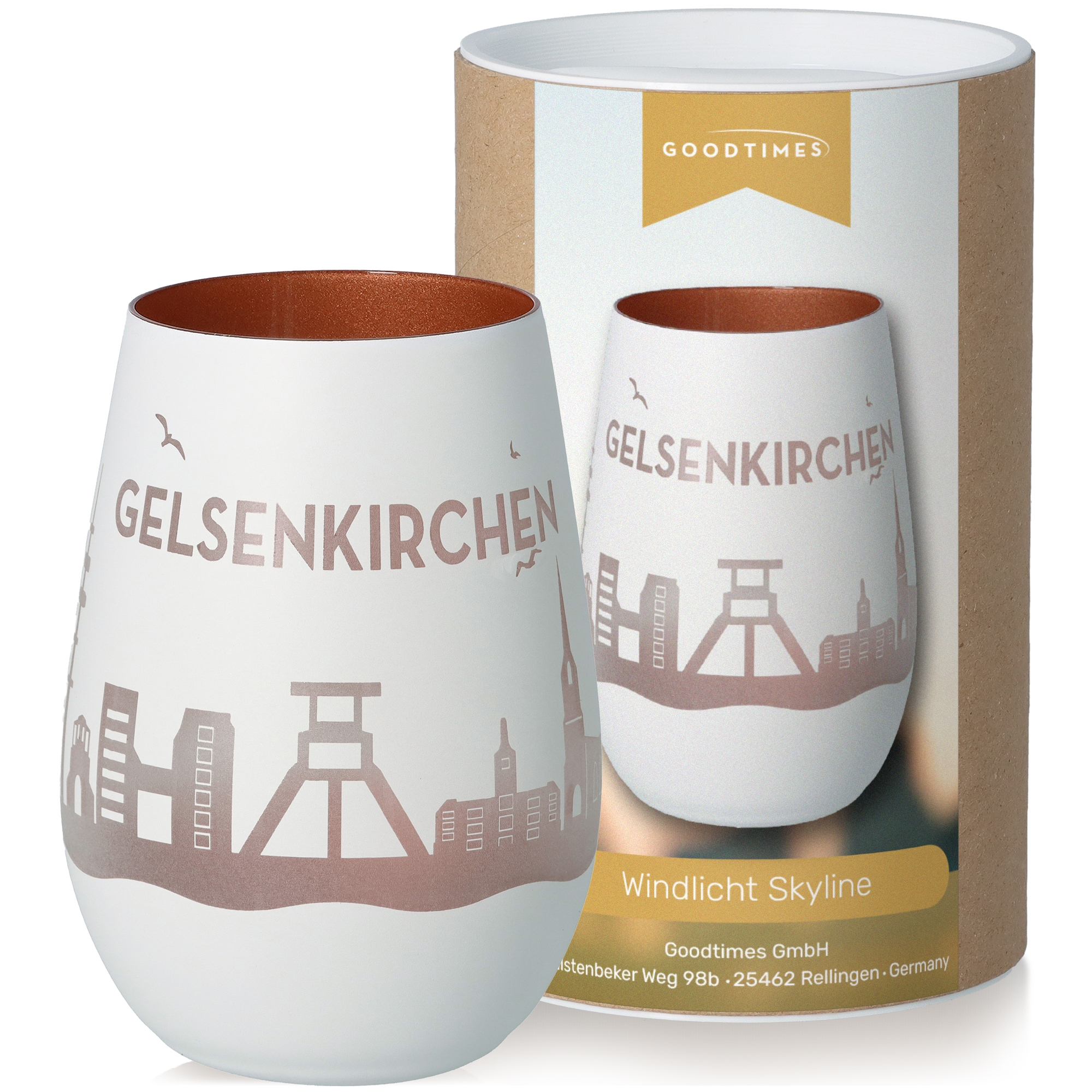 Windlicht Skyline Gelsenkirchen Weiß/Bronze Töpferei, Tasse, Kunst, Porzellan
