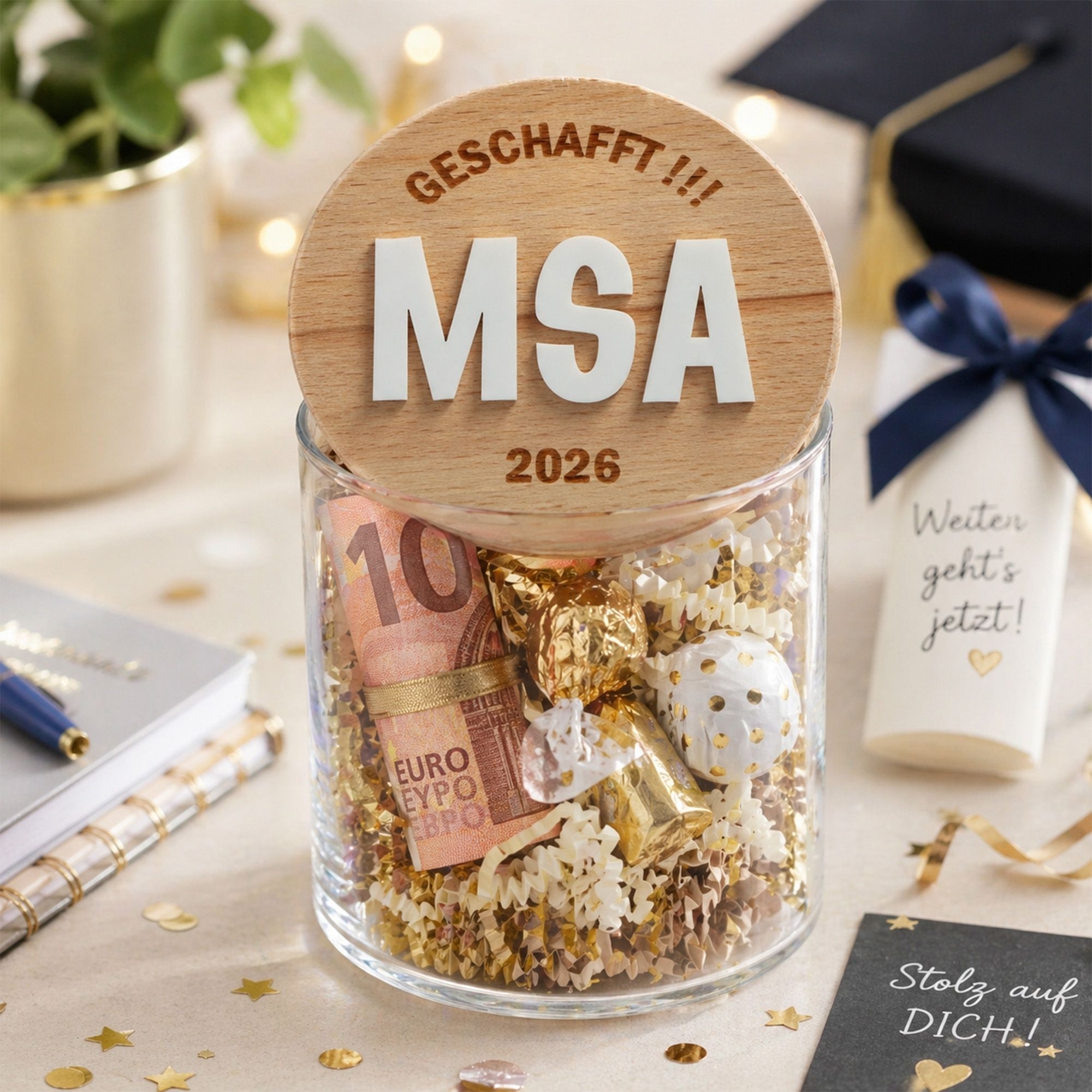 Geldgeschenke, Geldschein, Glasvasen, Holzdekoration, Abschlussgeschenk