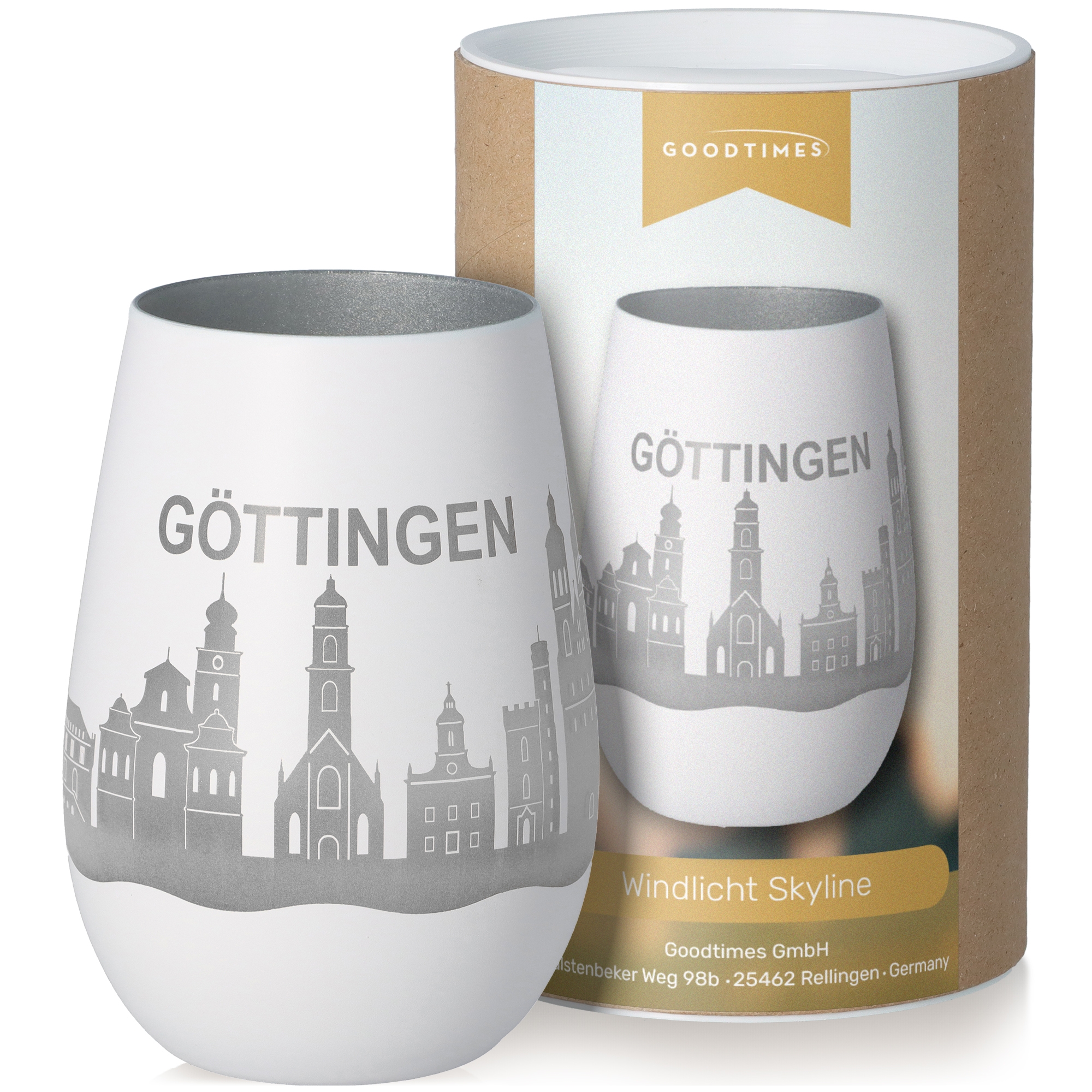 Windlicht Skyline Göttingen Weiß/Silber Glas, Töpferei