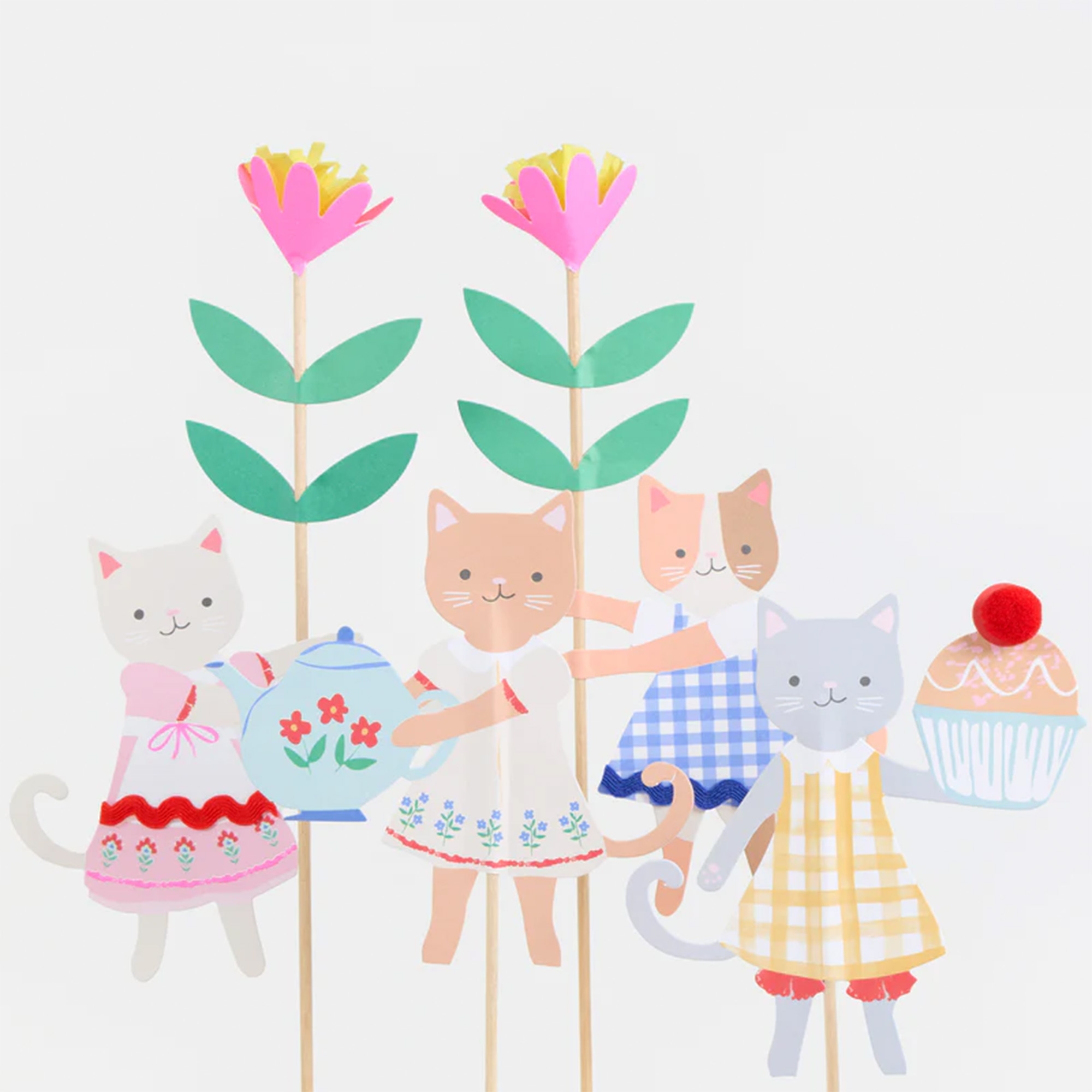 Papierfiguren, Katzen, Blumenstab, Party-Deko, Cupcake