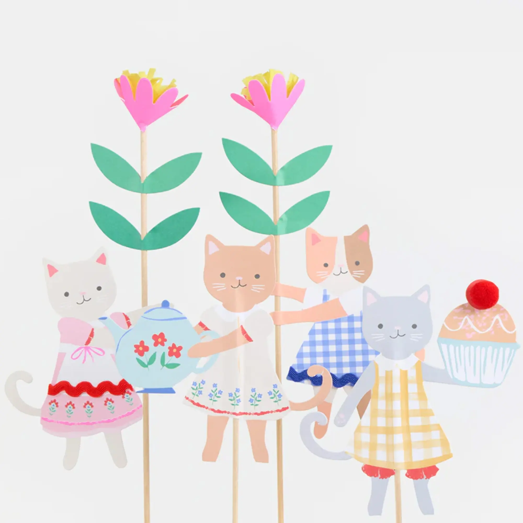 Papierfiguren, Katzen, Blumenstab, Party-Deko, Cupcake