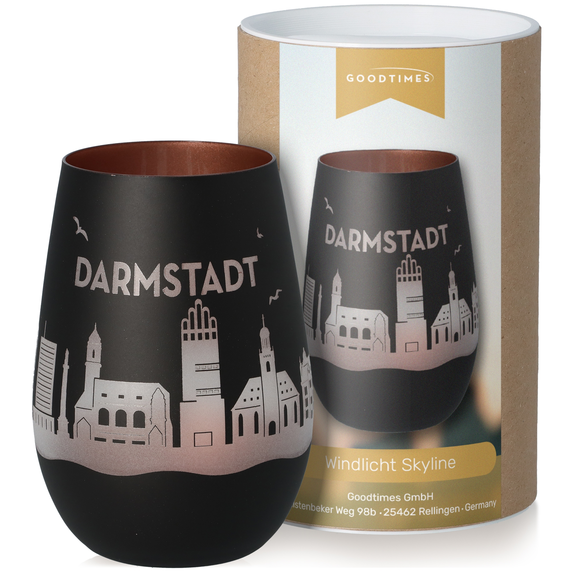 Windlicht Skyline Darmstadt Schwarz/Bronze Töpferei, Tasse, Lampe